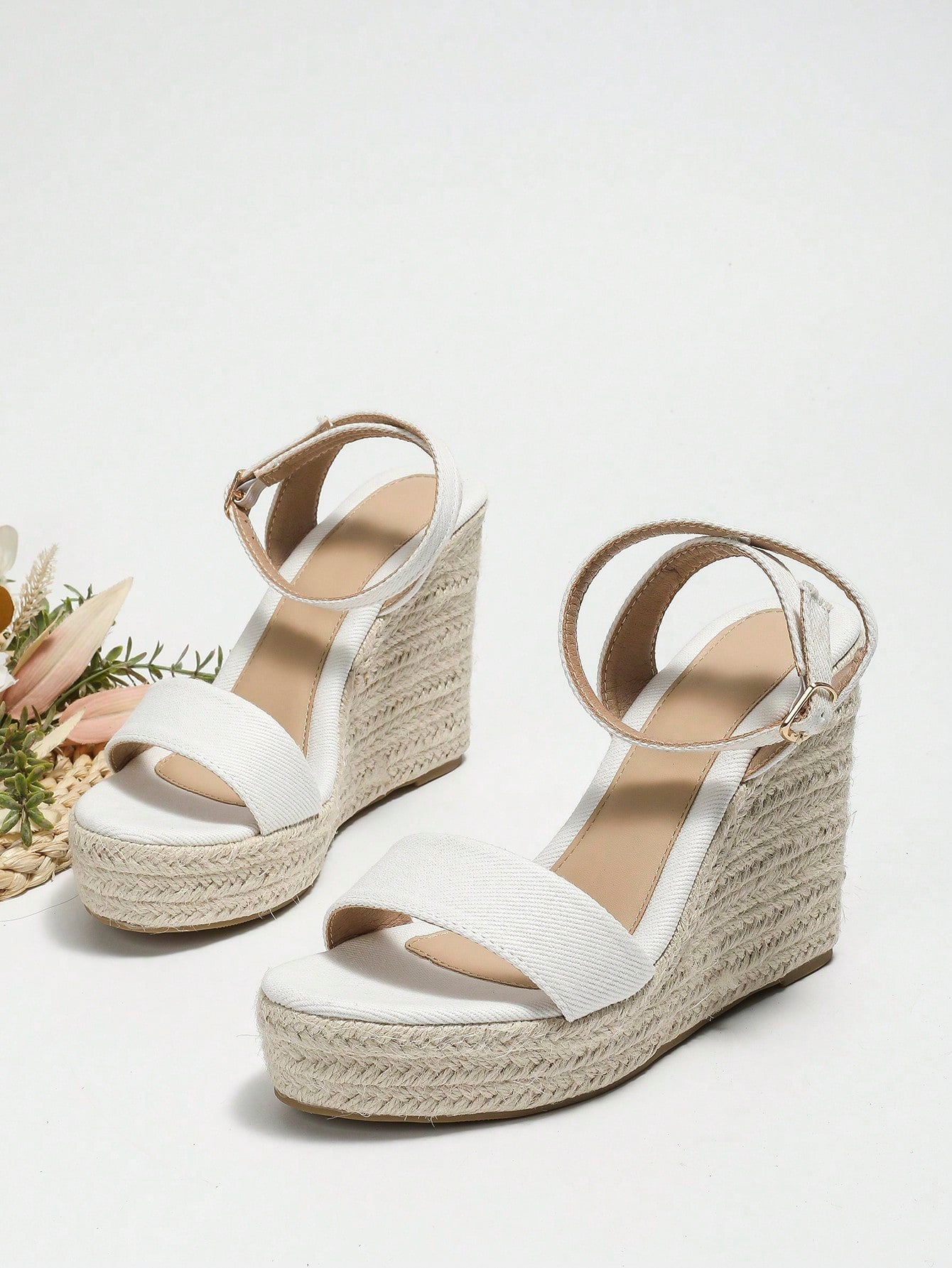 Women Buckle Decor Espadrille Sole Wedge Ankle Strap Sandals, Vacation Summer Black Slingback Sandals