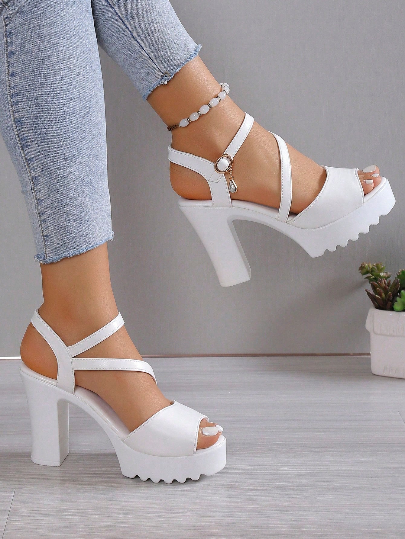 Elegant White Sandals For Women, Rhinestone Decor Platform Chunky Heeled Ankle Strap Sandals