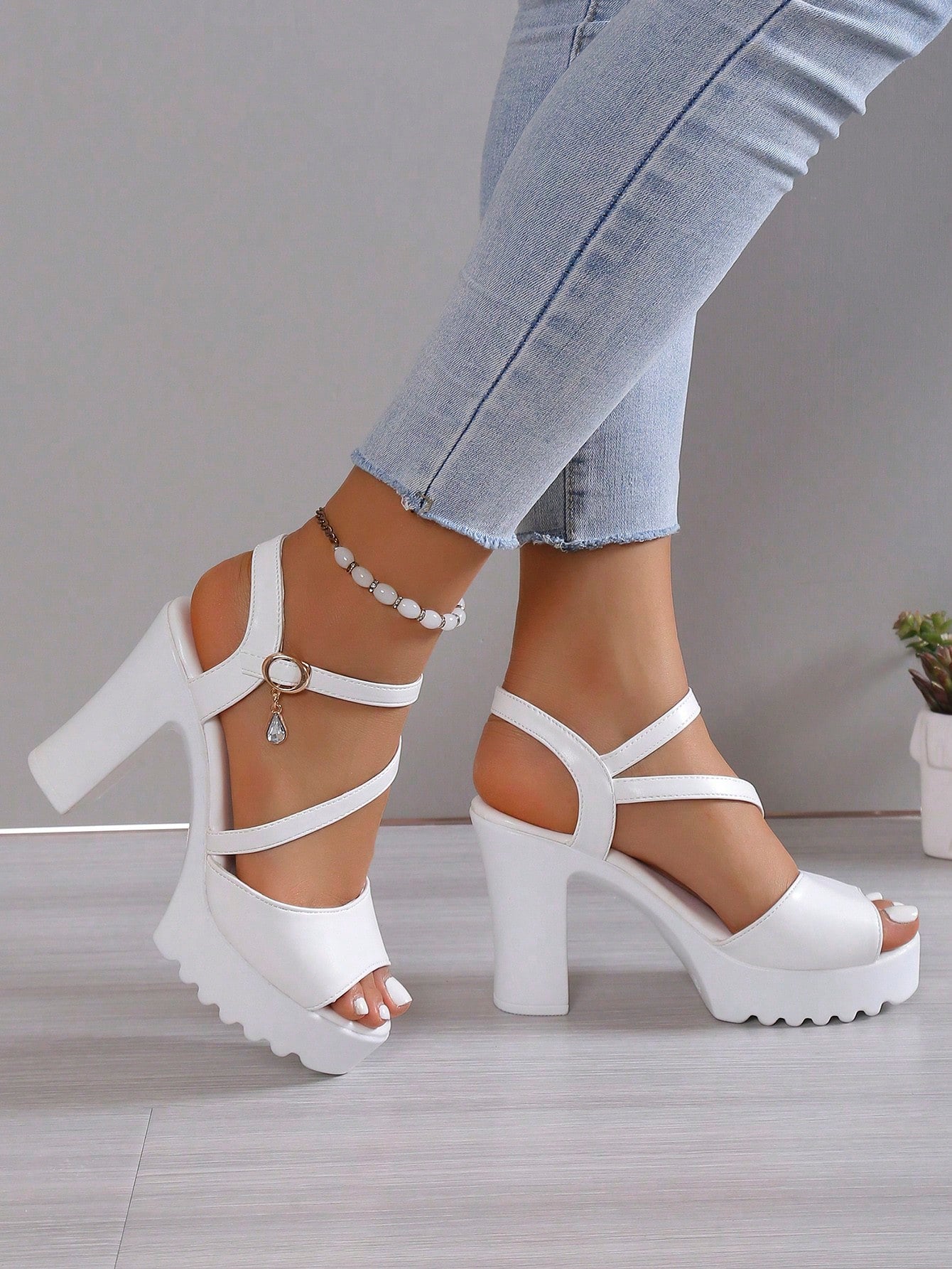Elegant White Sandals For Women, Rhinestone Decor Platform Chunky Heeled Ankle Strap Sandals