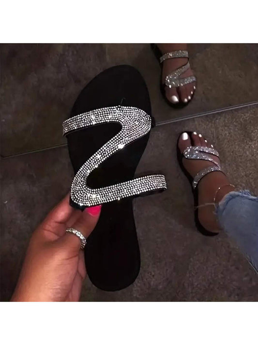 Glamorous Slide Sandals For Women, Rhinestone Decor Flat Sandals