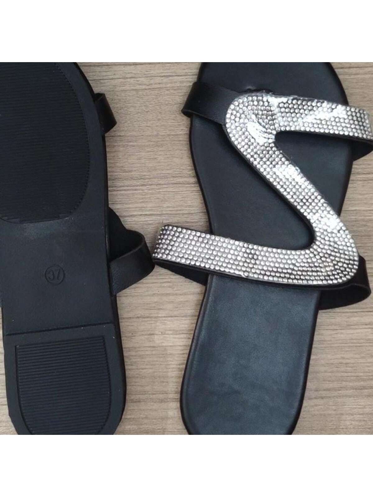 Glamorous Slide Sandals For Women, Rhinestone Decor Flat Sandals