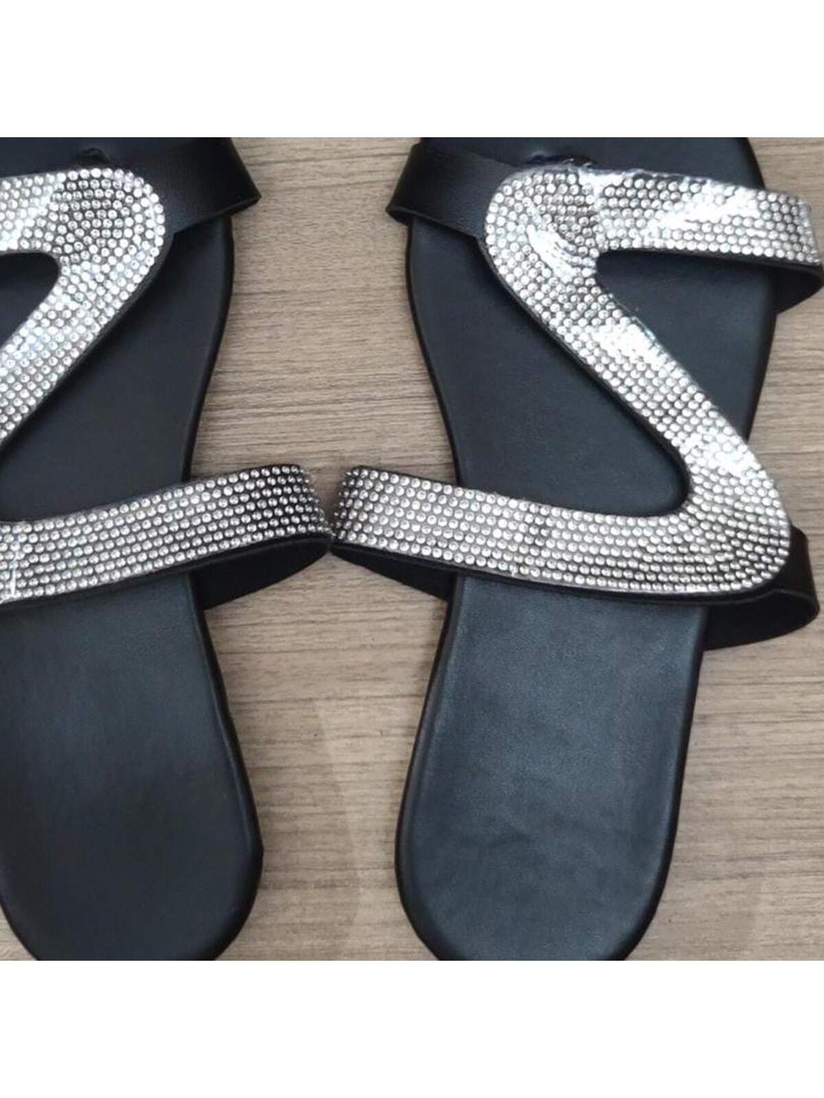 Glamorous Slide Sandals For Women, Rhinestone Decor Flat Sandals