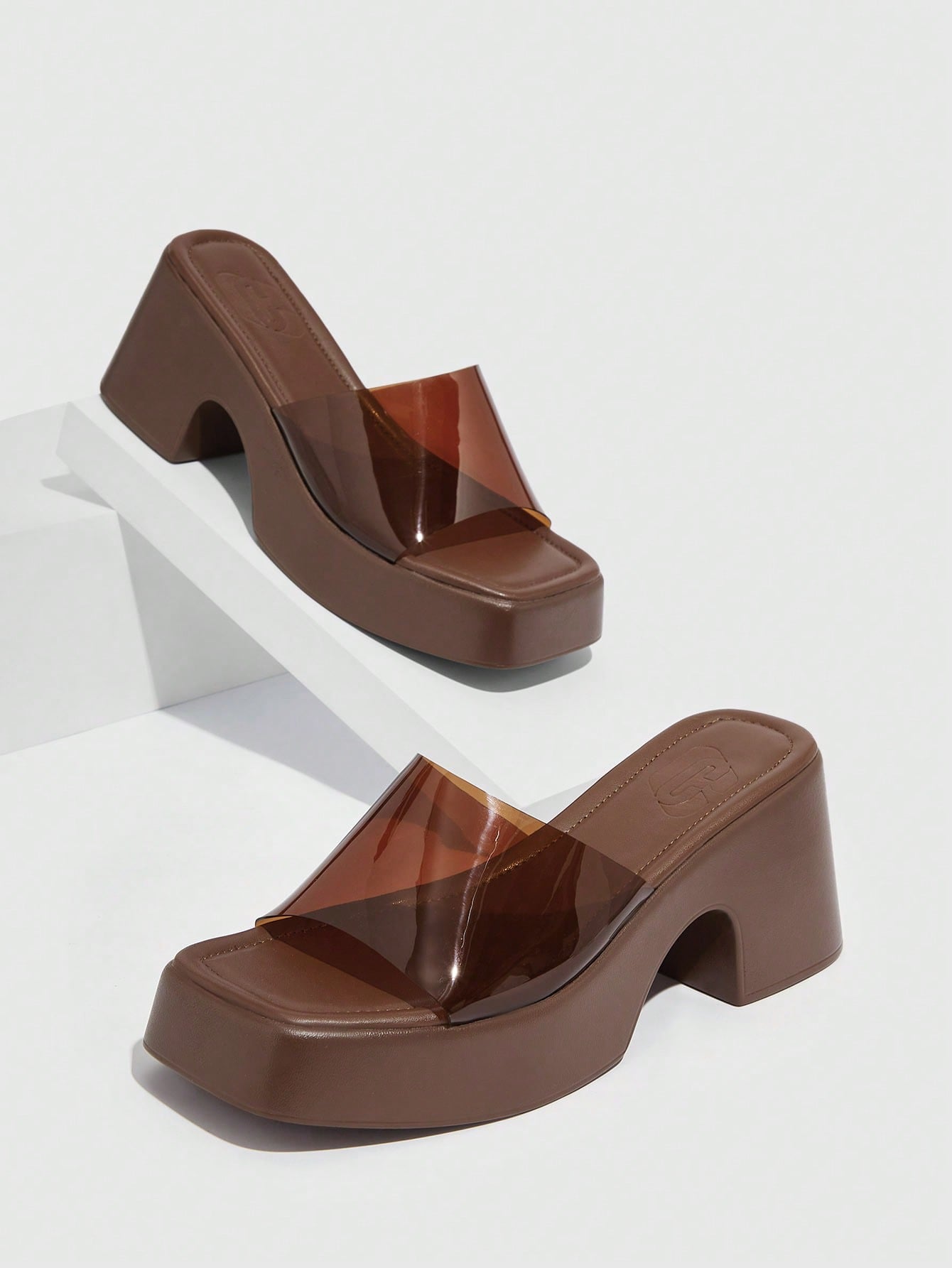 Everyday Collection Elegant Brown Platform Slide Sandals For Women, Single Band Platform Chunky Heeled Sandals