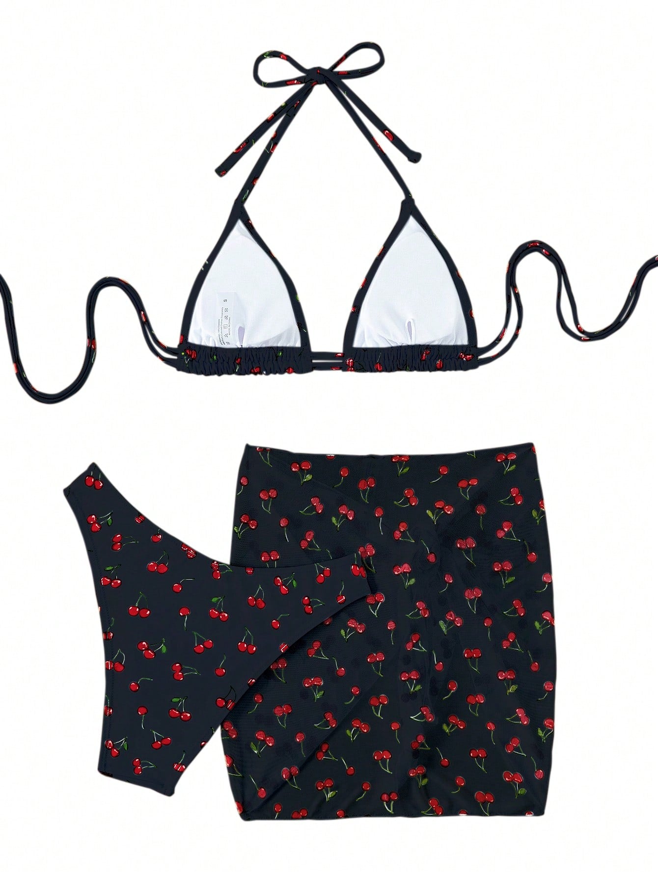 Cherry Print Halter Triangle Bikini Swimsuit With Beach Skirt
