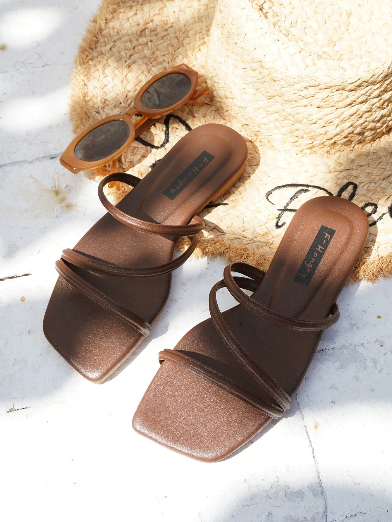 Women Comfortable Multi Strap Flat Sandals, Elegant Coffee Brown Slide Sandals