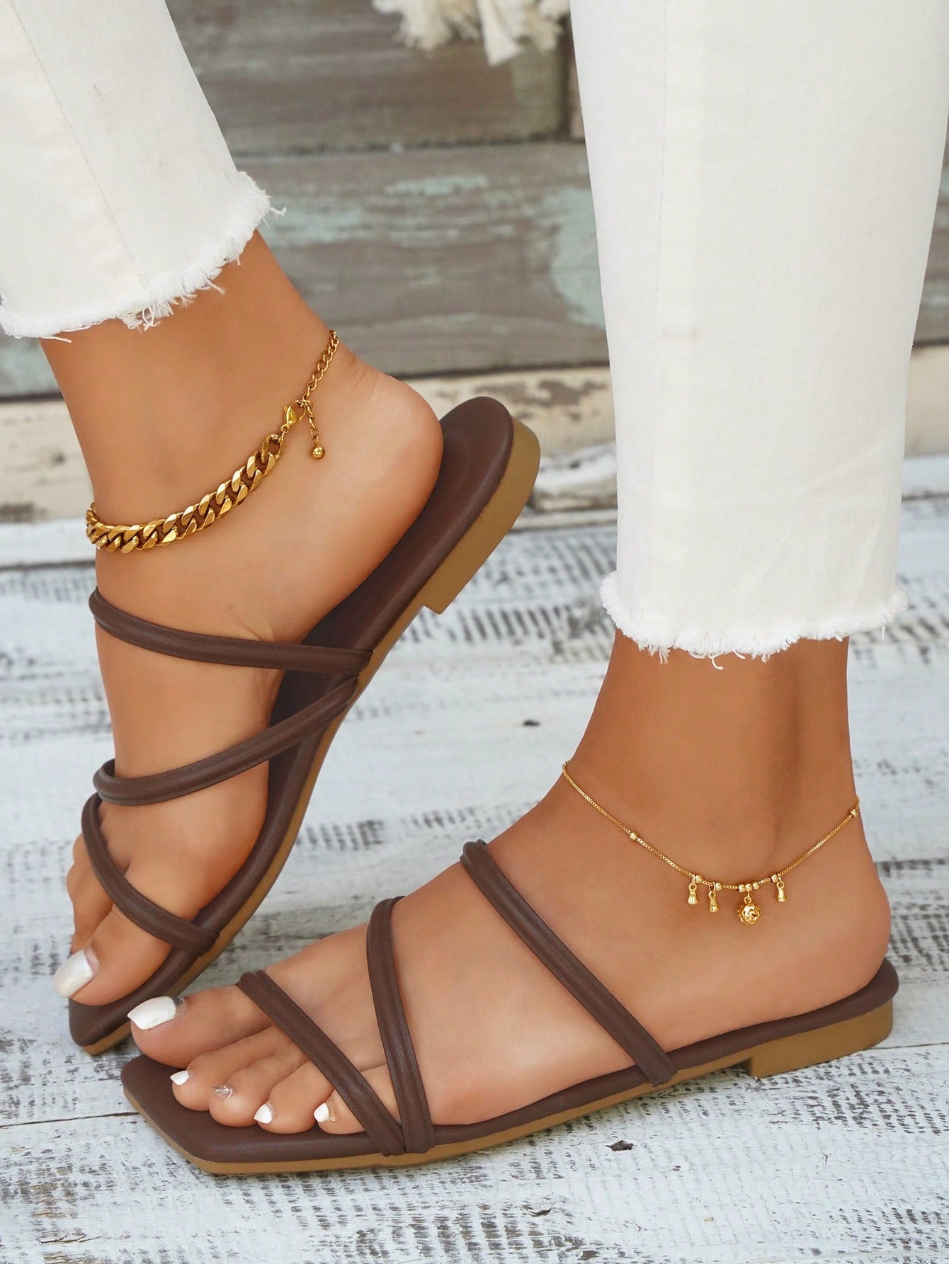 Women Comfortable Multi Strap Flat Sandals, Elegant Coffee Brown Slide Sandals