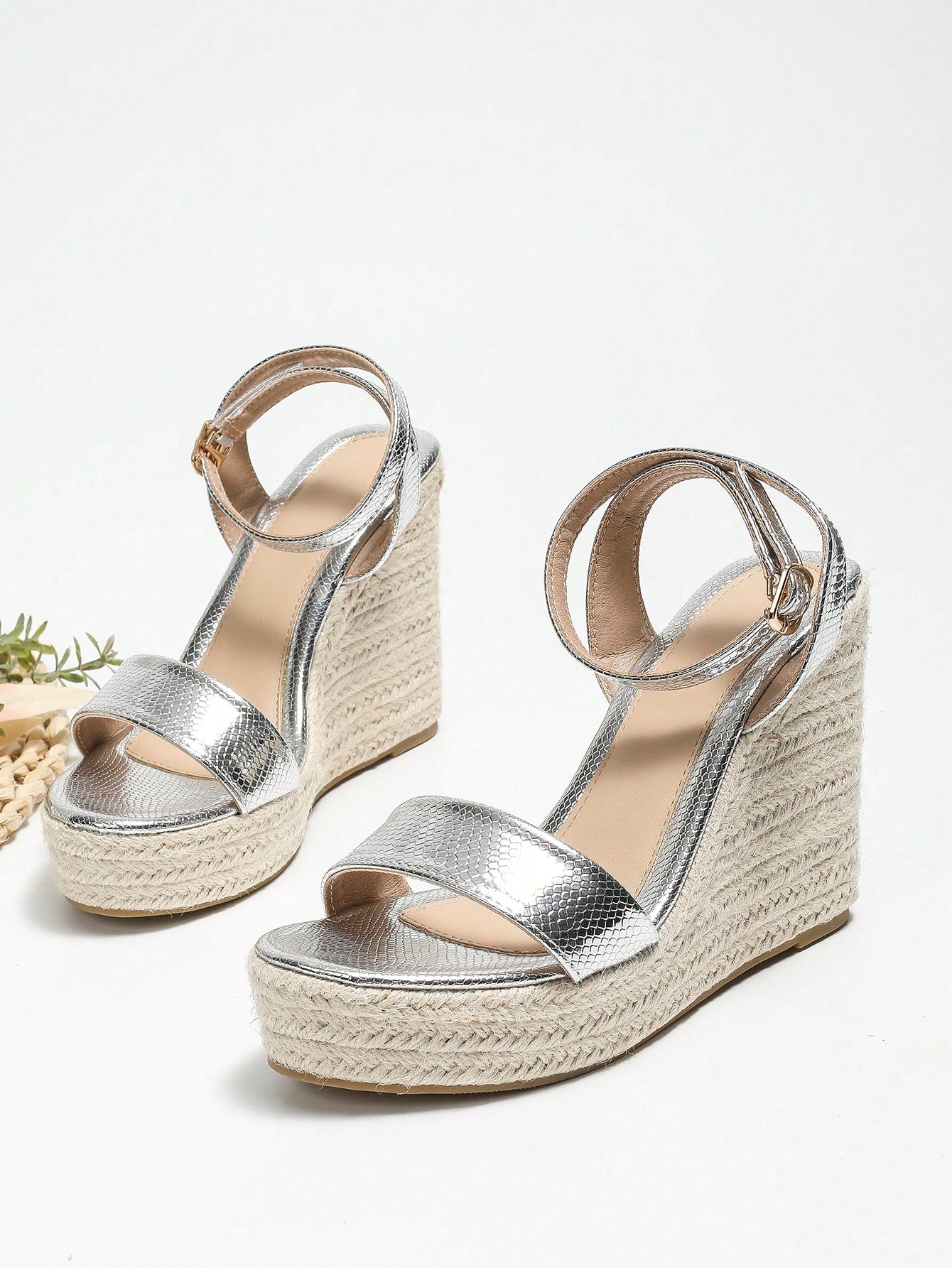 Women Buckle Decor Espadrille Sole Wedge Ankle Strap Sandals, Vacation Summer Black Slingback Sandals