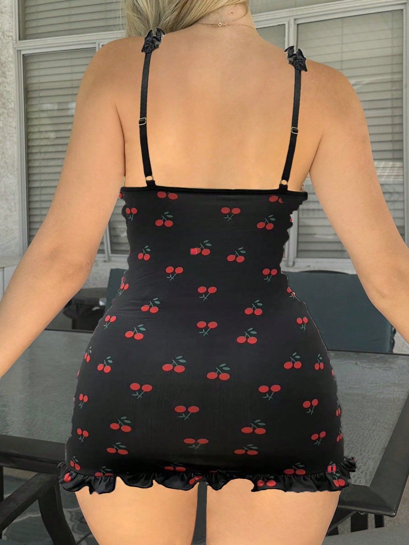 Cherry Print Frill Trim Ruched Bodycon Dress With Thong