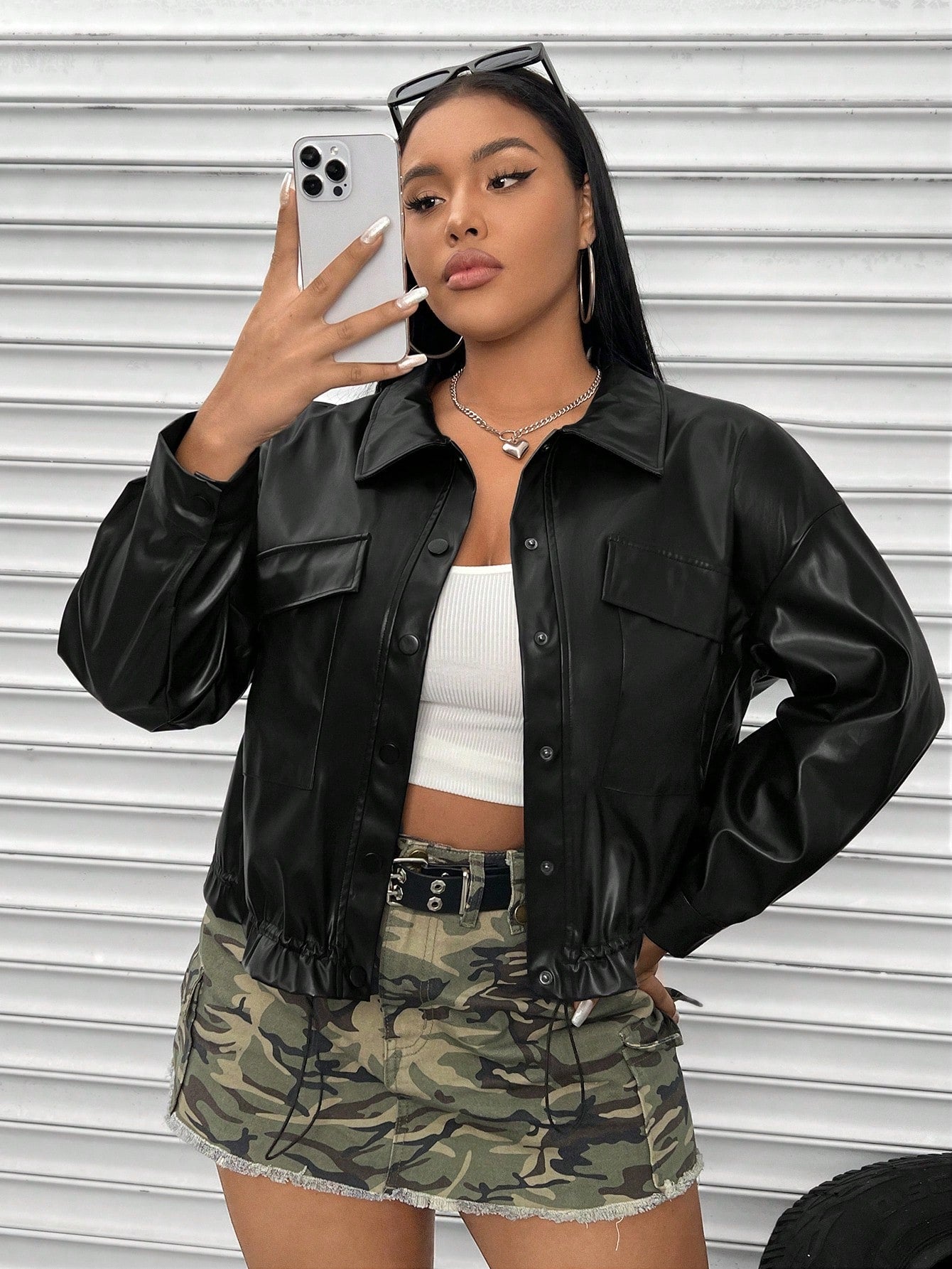 Coolane Plus Flap Pocket Drop Shoulder PU Leather Jacket