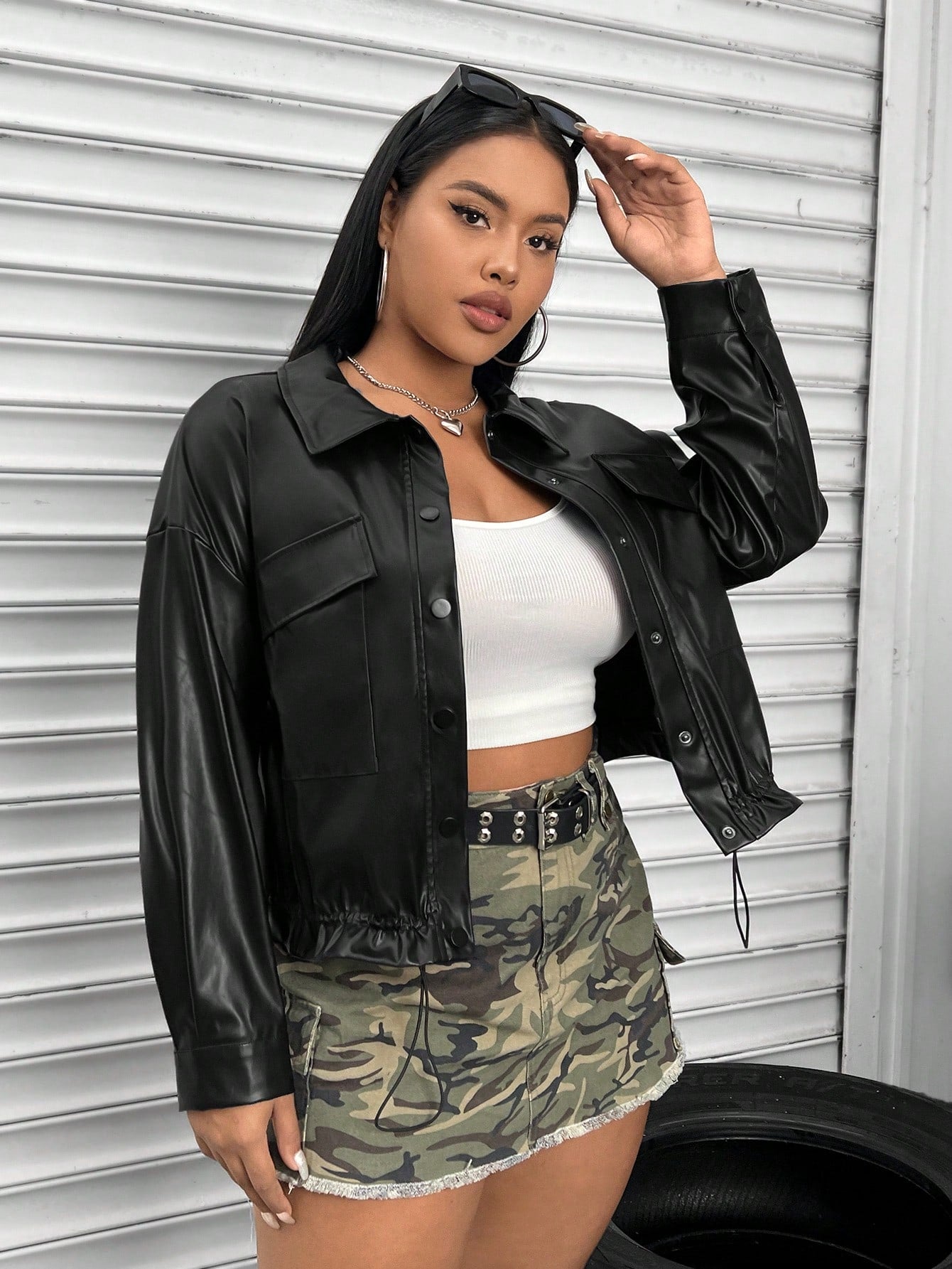 Coolane Plus Flap Pocket Drop Shoulder PU Leather Jacket