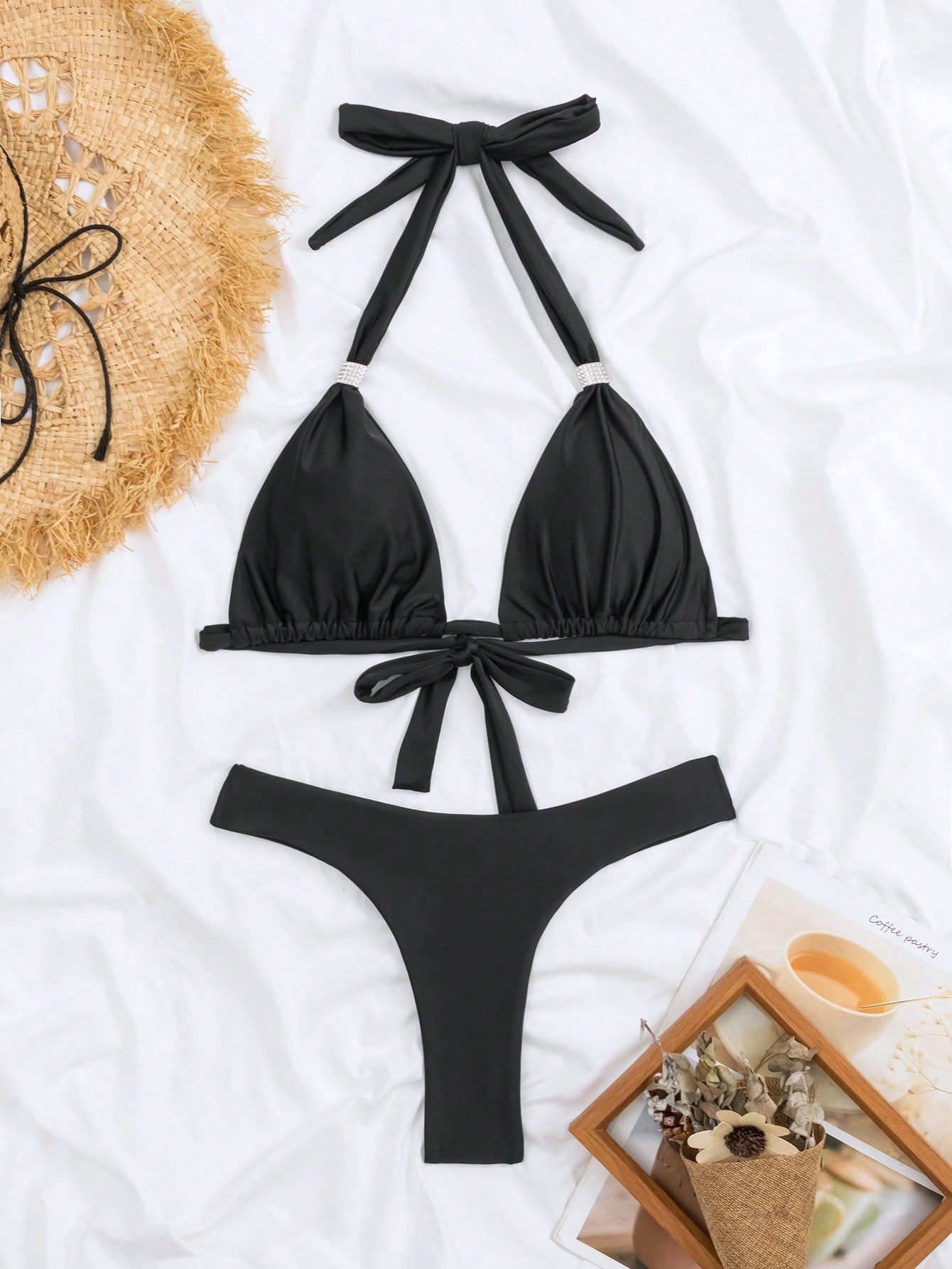 Ring Linked Halter Triangle Bikini Swimsuit