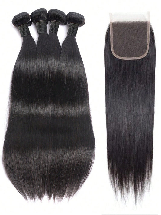 4pcs long straight bundles with 4 X 4 lace closure natural black virgin human hair Extensions