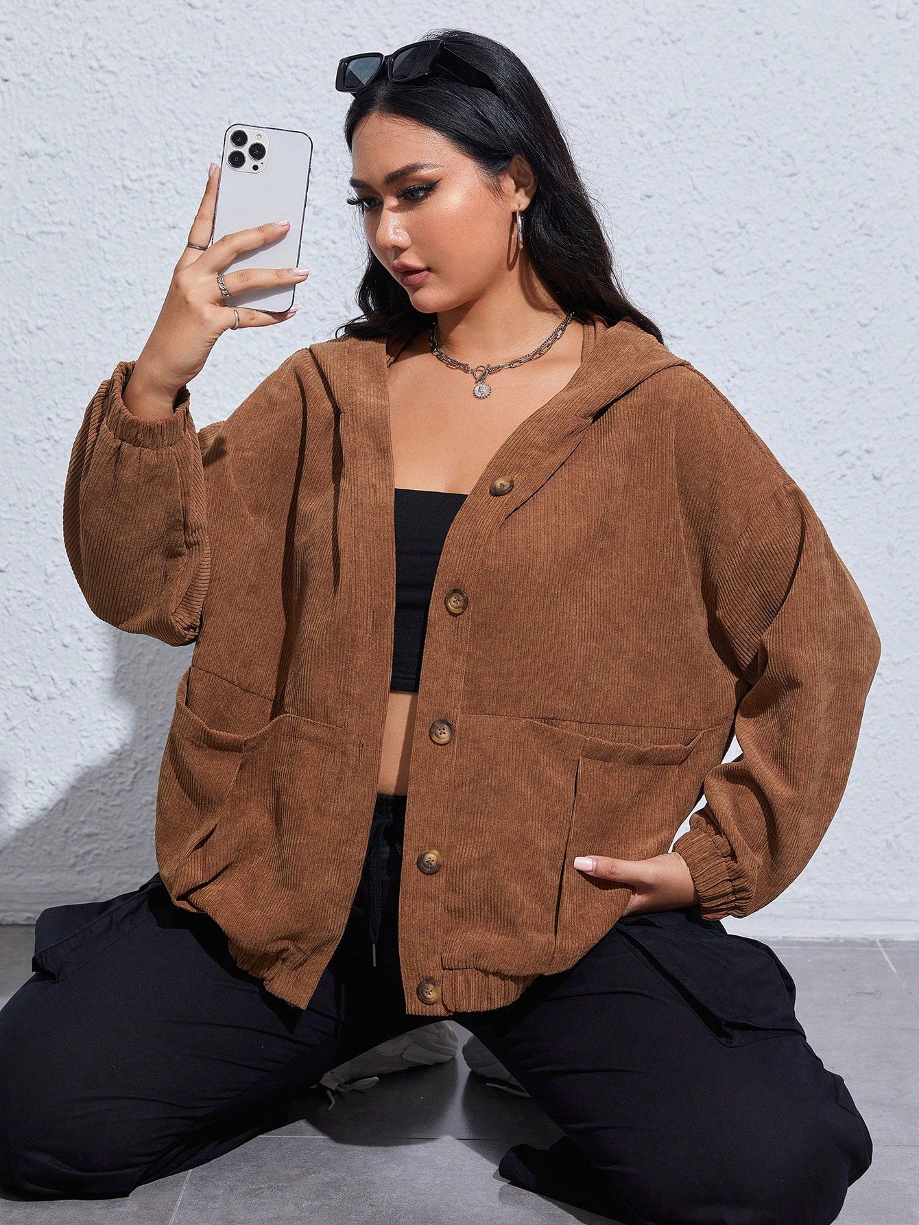 EZwear Plus Drop Shoulder Hooded Corduroy Jacket