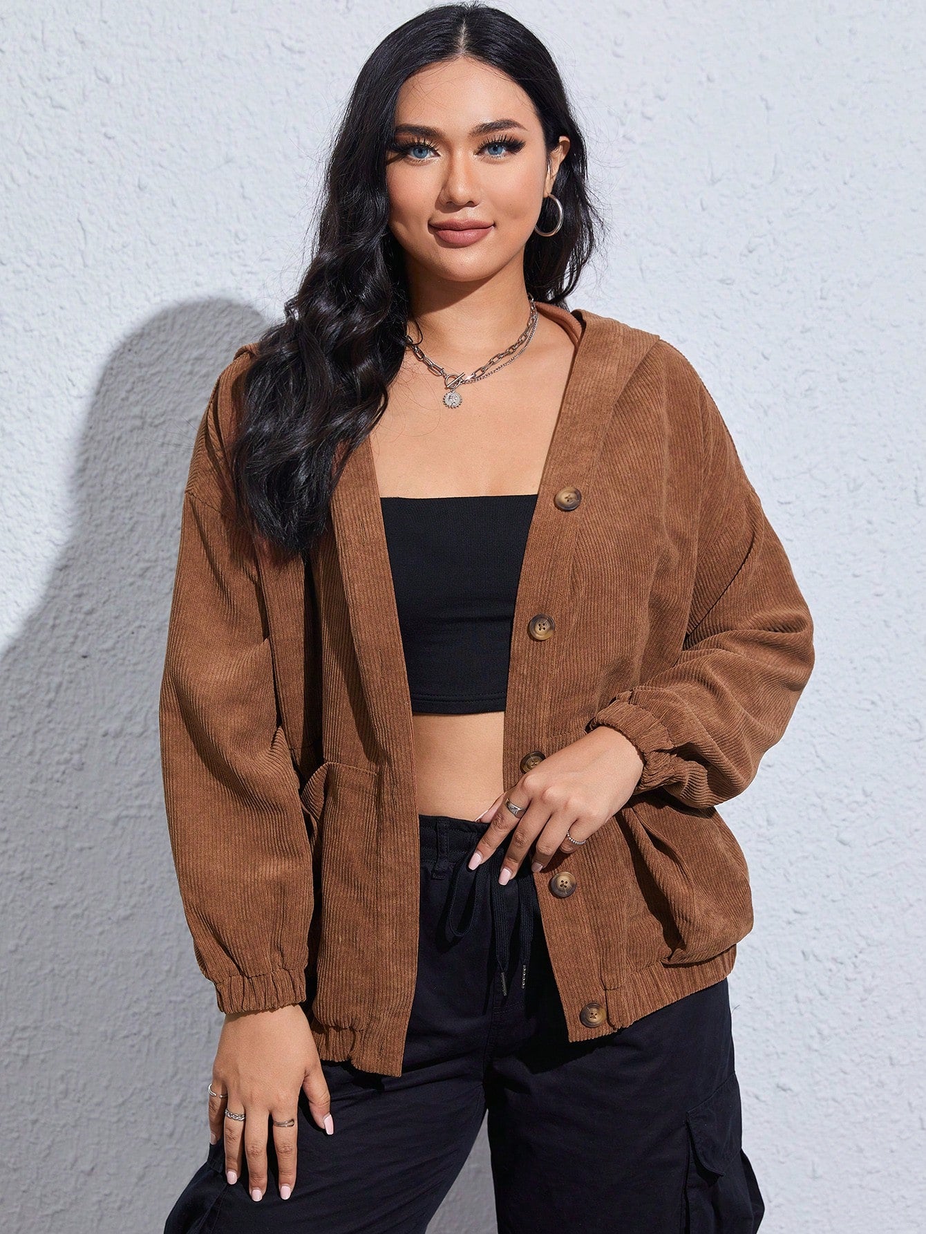 EZwear Plus Drop Shoulder Hooded Corduroy Jacket