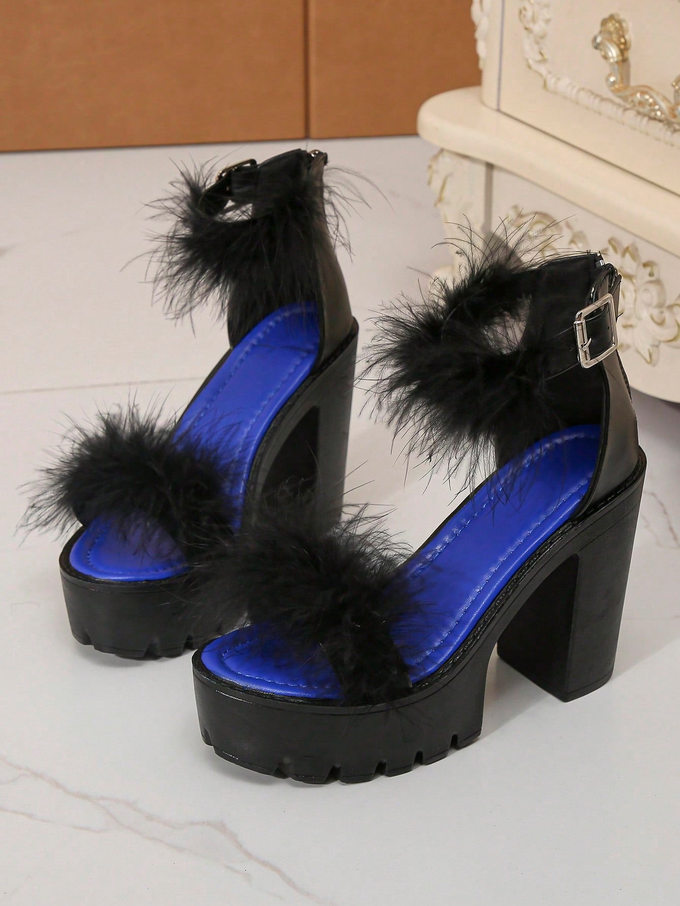 Women Fuzzy Decor Platform Chunky Heeled Sandals, Glamorous Outdoor Ankle Strap Sandals