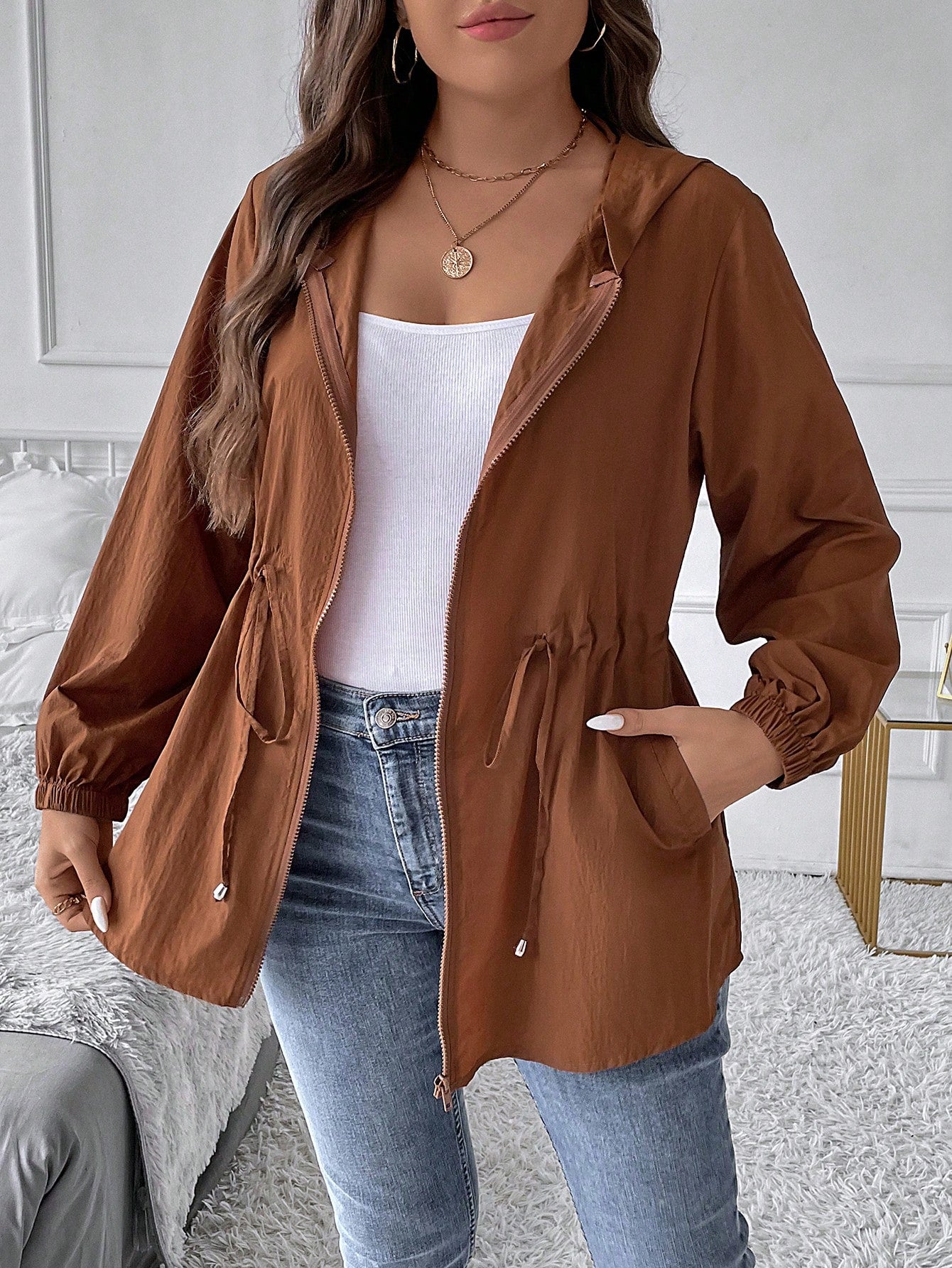 LUNE Plus Drawstring Waist Zip Up Hooded Coat