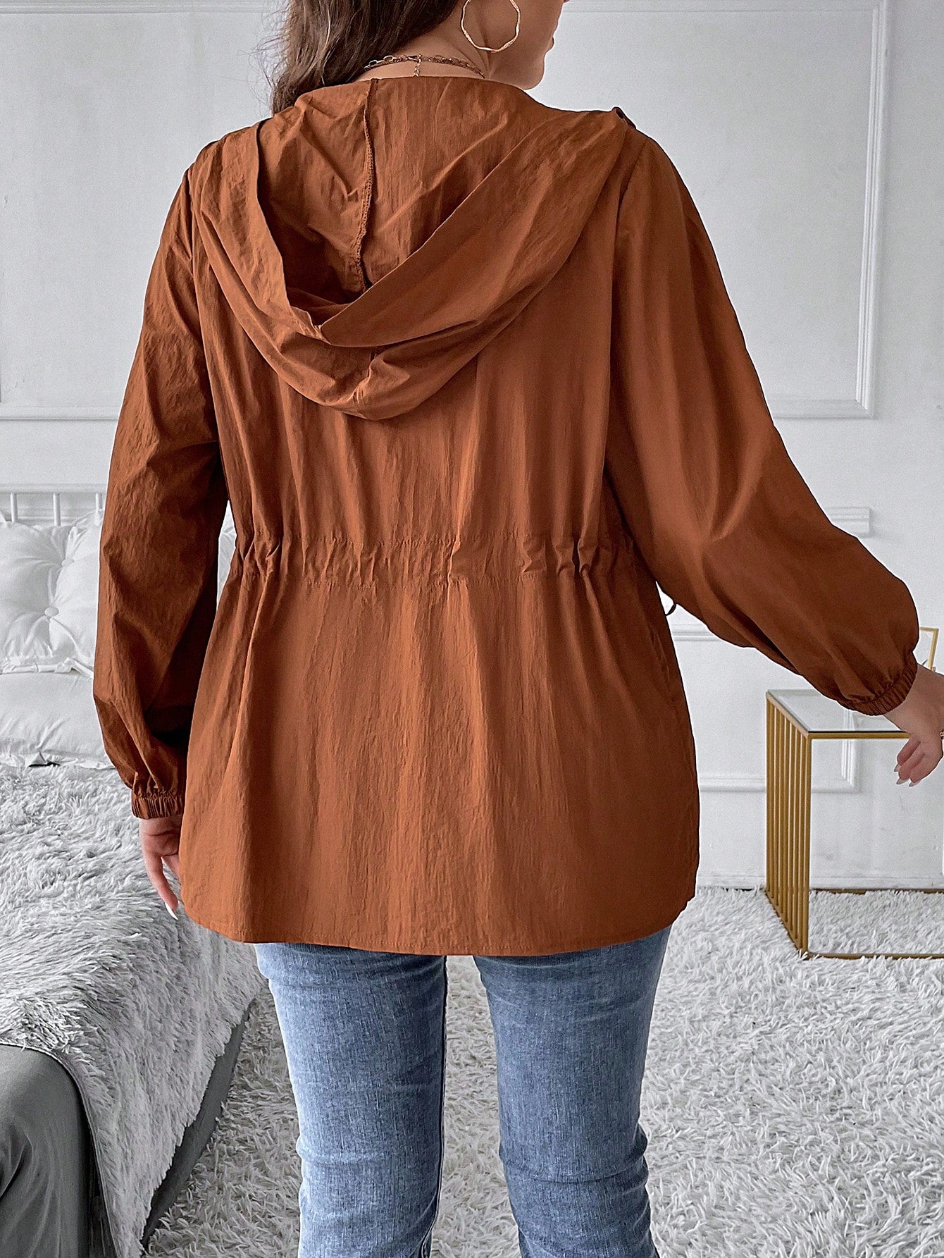 LUNE Plus Drawstring Waist Zip Up Hooded Coat