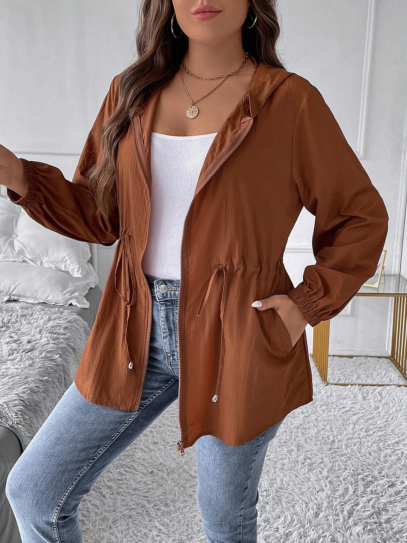 LUNE Plus Drawstring Waist Zip Up Hooded Coat