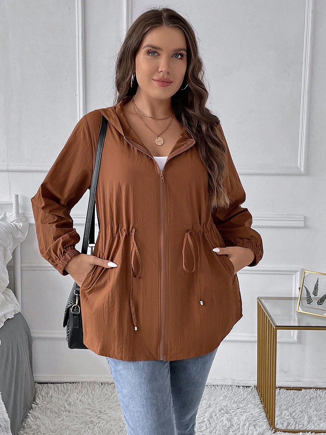 LUNE Plus Drawstring Waist Zip Up Hooded Coat