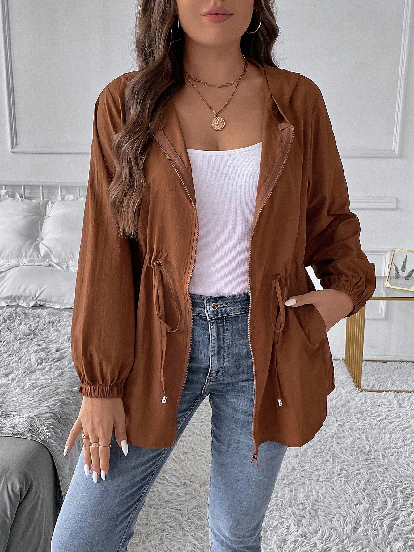 LUNE Plus Drawstring Waist Zip Up Hooded Coat