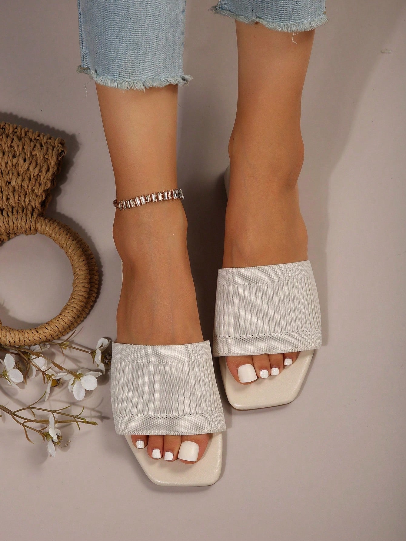 Elegant Slide Sandals For Women, Knit Detail Single Band Flat Sandals