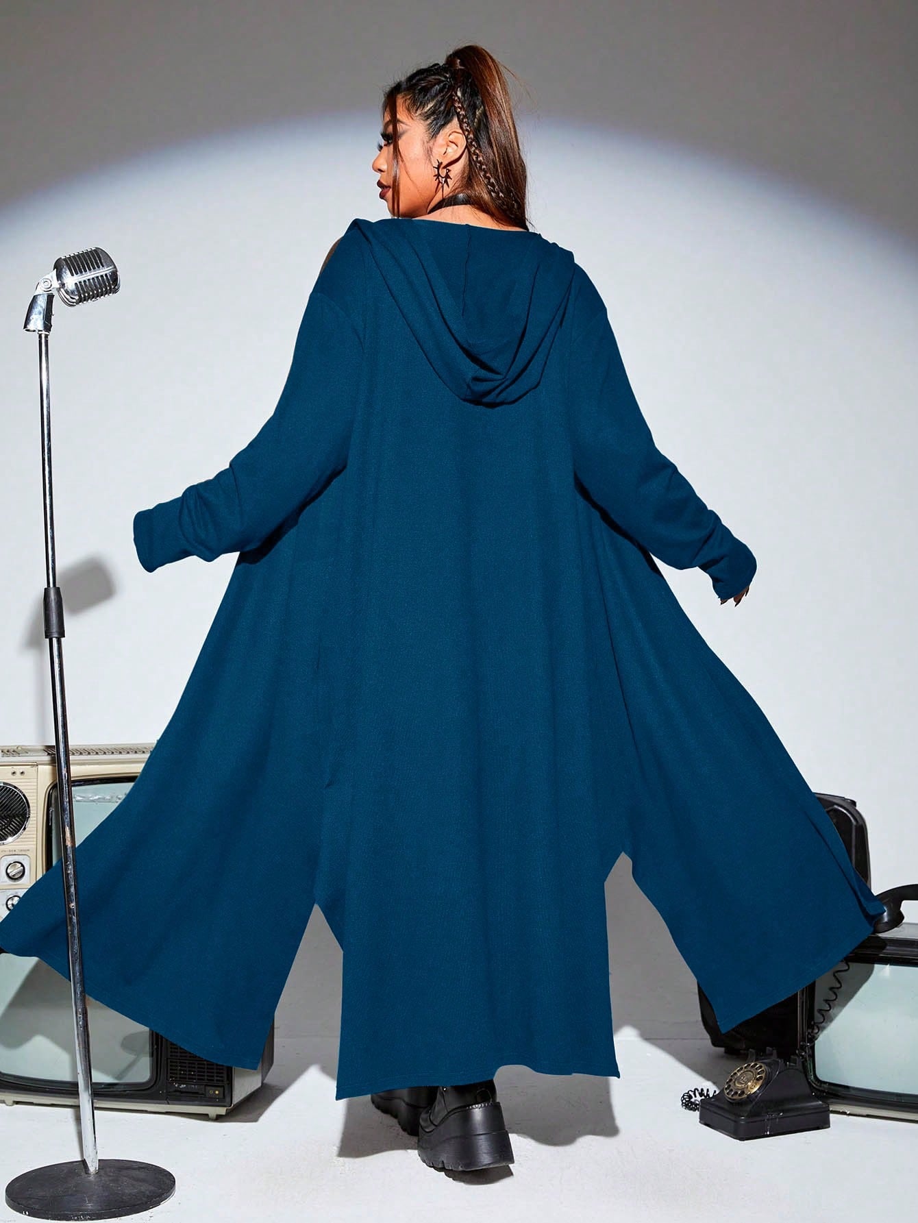 PUNK Plus Solid Open Front Hooded Coat