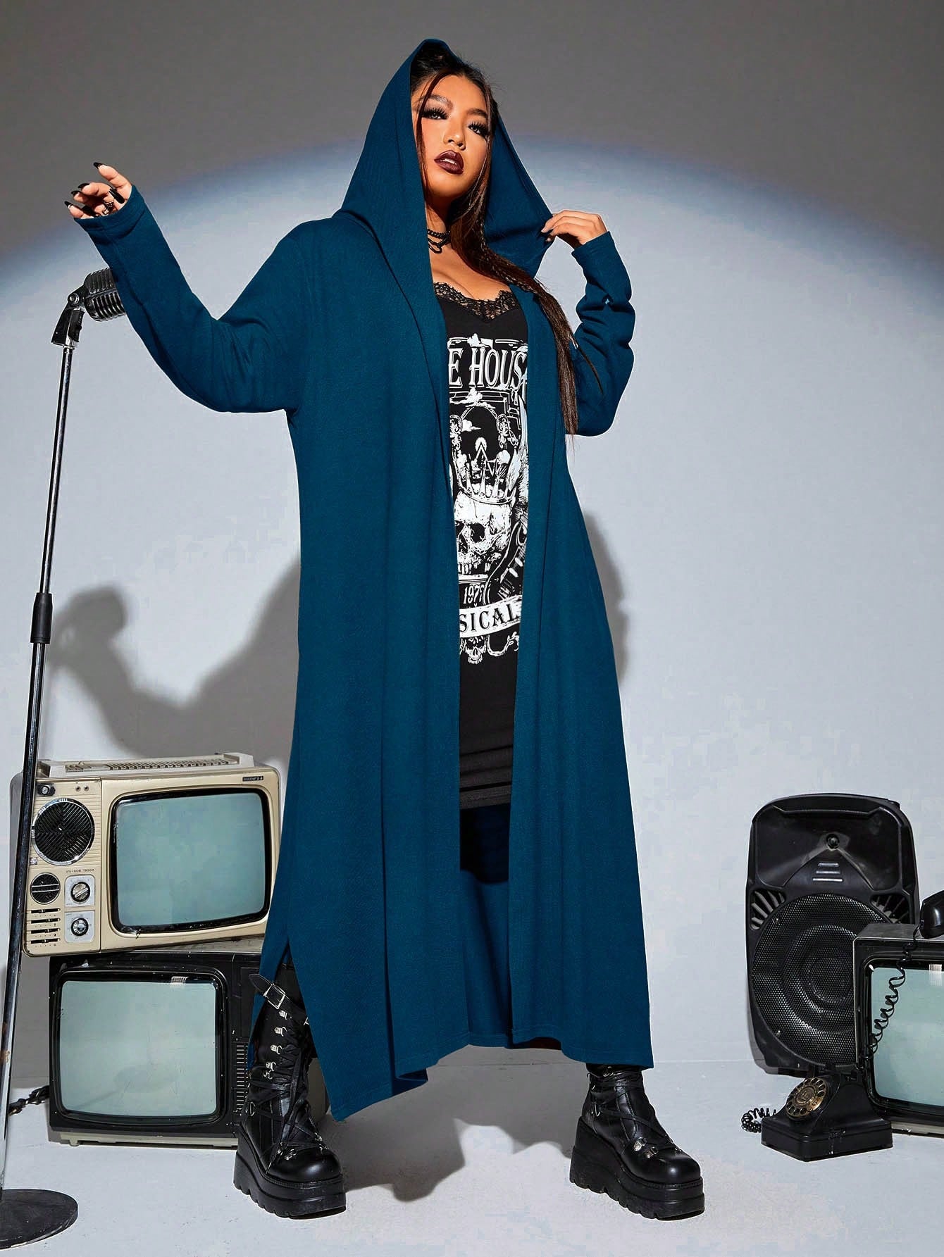 PUNK Plus Solid Open Front Hooded Coat