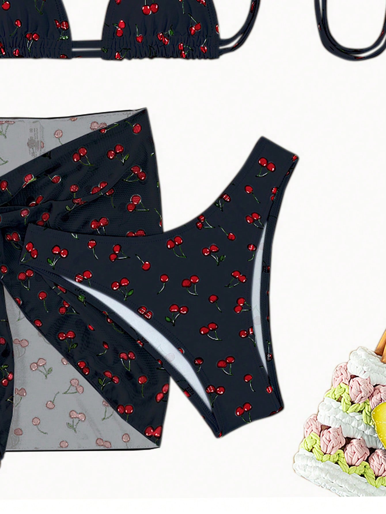 Cherry Print Halter Triangle Bikini Swimsuit With Beach Skirt