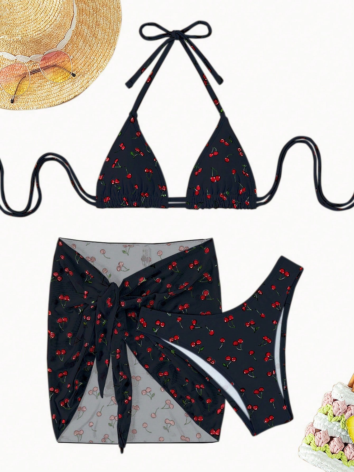 Cherry Print Halter Triangle Bikini Swimsuit With Beach Skirt