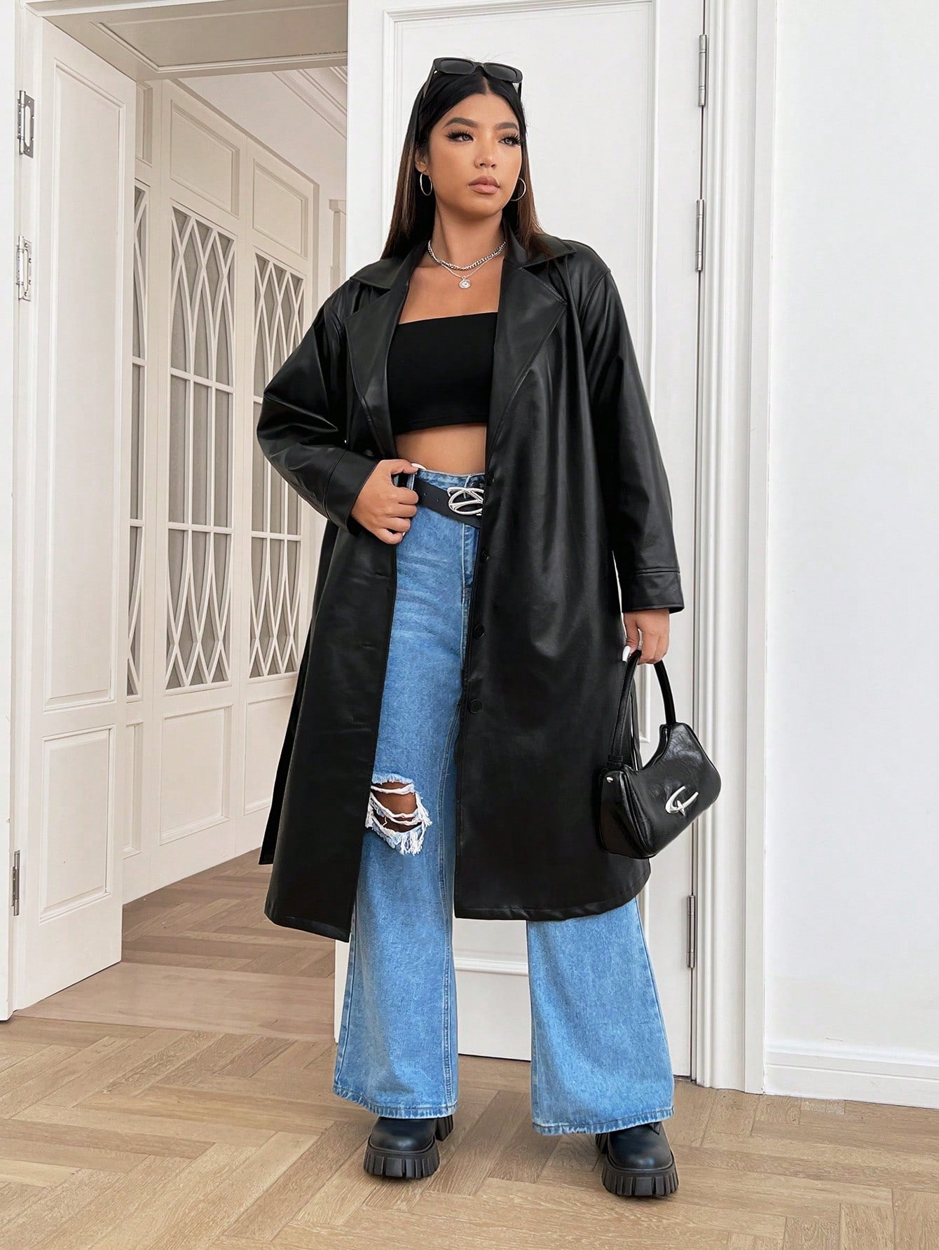 EZwear Plus Lapel Neck Belted PU Leather Coat