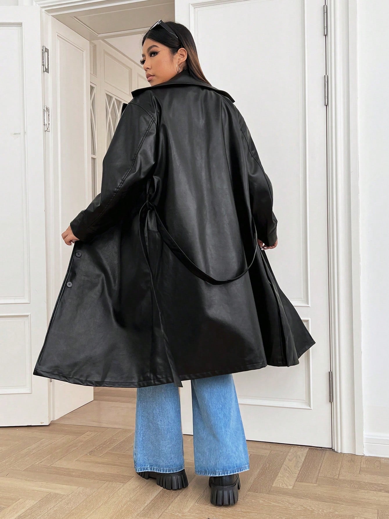 EZwear Plus Lapel Neck Belted PU Leather Coat
