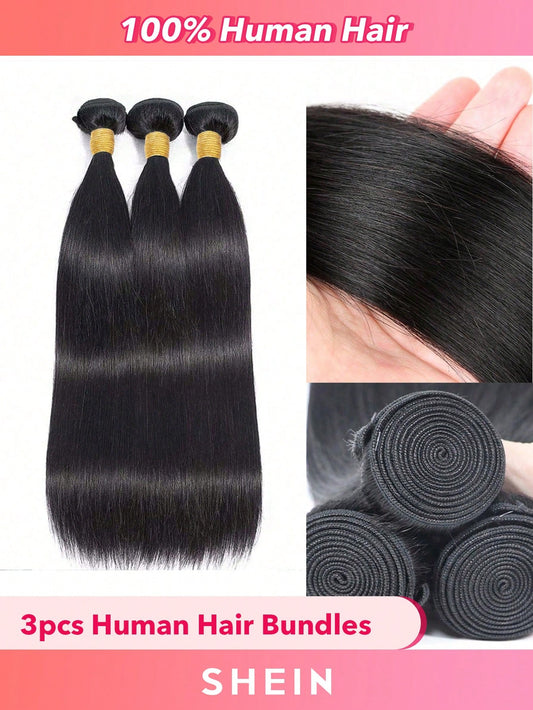 3pcs Straight Human Hair Bundles Virgin Hair Extension 3 Bundles Real Double Weft Hair Weave Cheap Hair Daily Use Natural Black Color