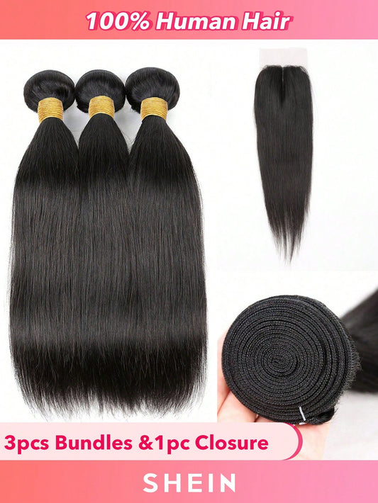 4pcs 2 X 4 Lace Closure Straight Human Hair Bundles With Closure Virgin Hair Extension Closure And 3 Bundles Real Double Weft Hair Weave Cheap Hair Daily Use Natural Black Color