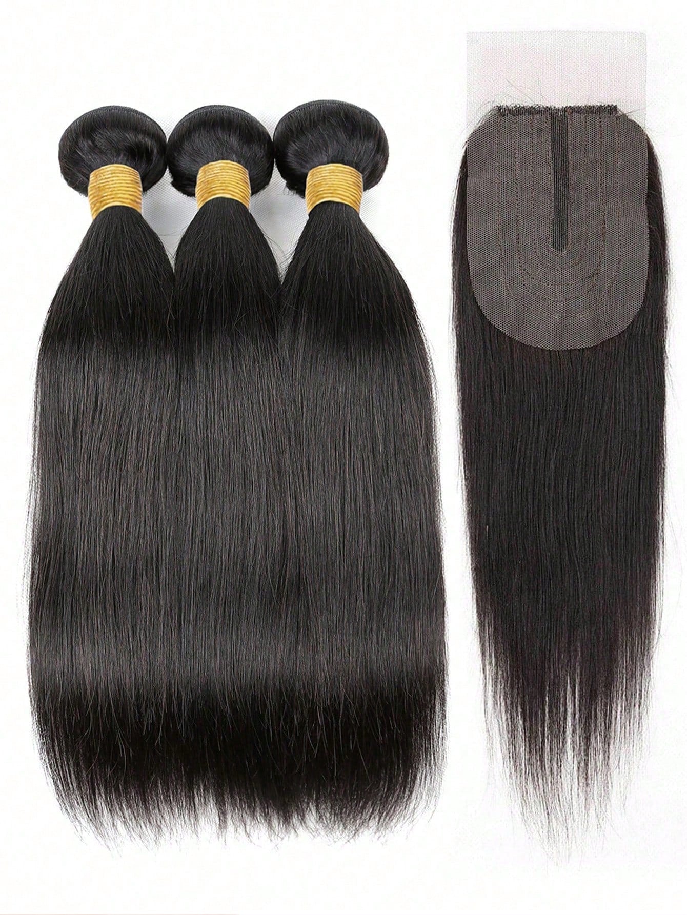 4pcs 2 X 4 Lace Closure Straight Human Hair Bundles With Closure Virgin Hair Extension Closure And 3 Bundles Real Double Weft Hair Weave Cheap Hair Daily Use Natural Black Color