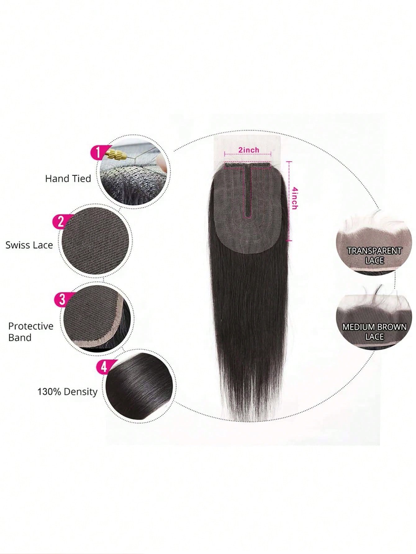 4pcs 2 X 4 Lace Closure Straight Human Hair Bundles With Closure Virgin Hair Extension Closure And 3 Bundles Real Double Weft Hair Weave Cheap Hair Daily Use Natural Black Color