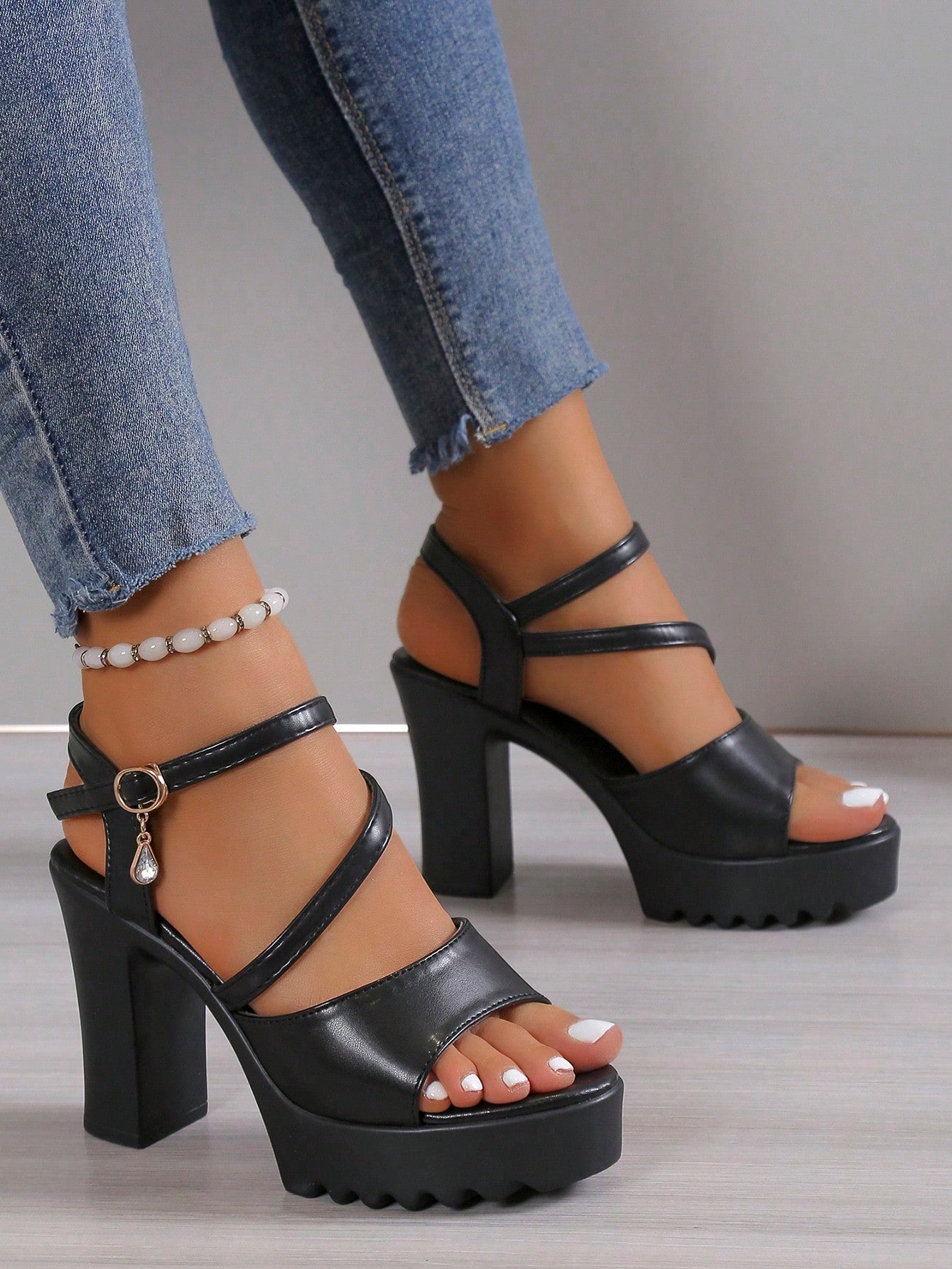 Elegant White Sandals For Women, Rhinestone Decor Platform Chunky Heeled Ankle Strap Sandals