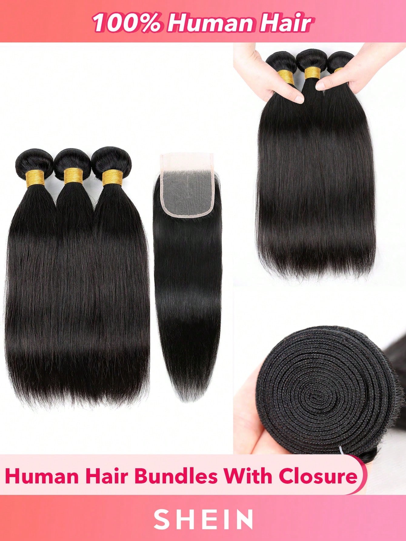 4pcs 4 X 4 Lace Closure Straight Human Hair Bundles With Closure Virgin Hair Extension Closure And 3 Bundles Real Double Weft Hair Weave Cheap Hair Daily Use Natural Black Color