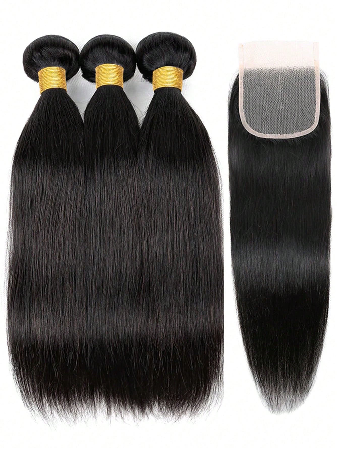 4pcs 4 X 4 Lace Closure Straight Human Hair Bundles With Closure Virgin Hair Extension Closure And 3 Bundles Real Double Weft Hair Weave Cheap Hair Daily Use Natural Black Color