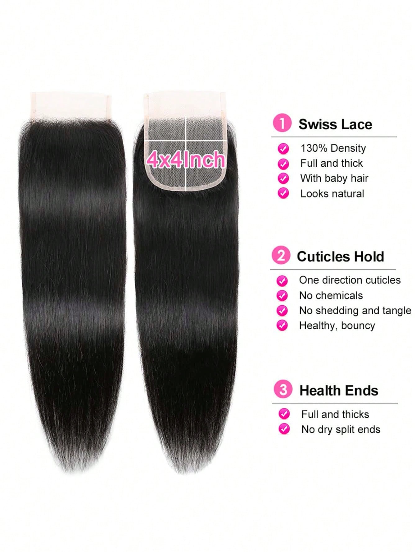 4pcs 4 X 4 Lace Closure Straight Human Hair Bundles With Closure Virgin Hair Extension Closure And 3 Bundles Real Double Weft Hair Weave Cheap Hair Daily Use Natural Black Color