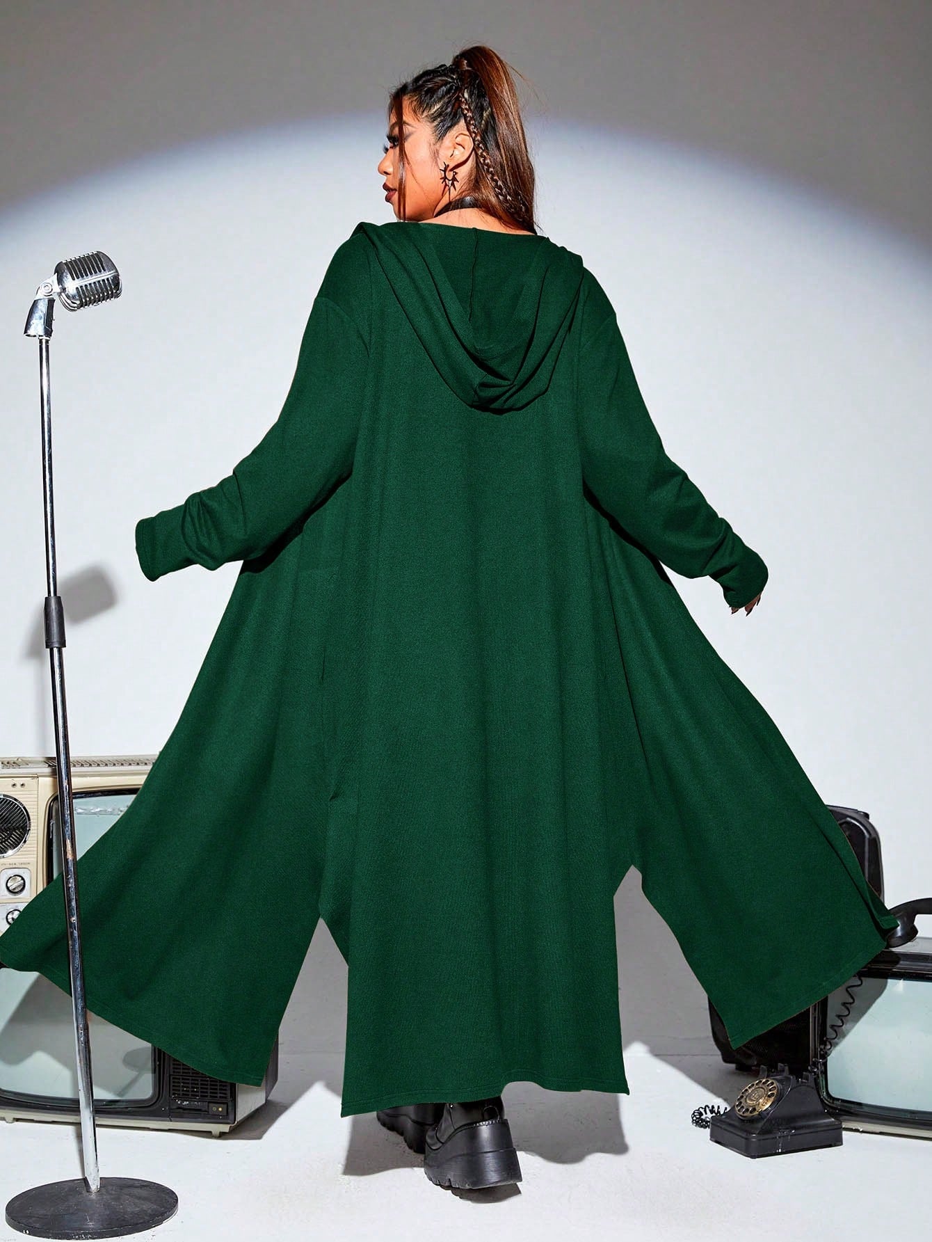 PUNK Plus Solid Open Front Hooded Coat