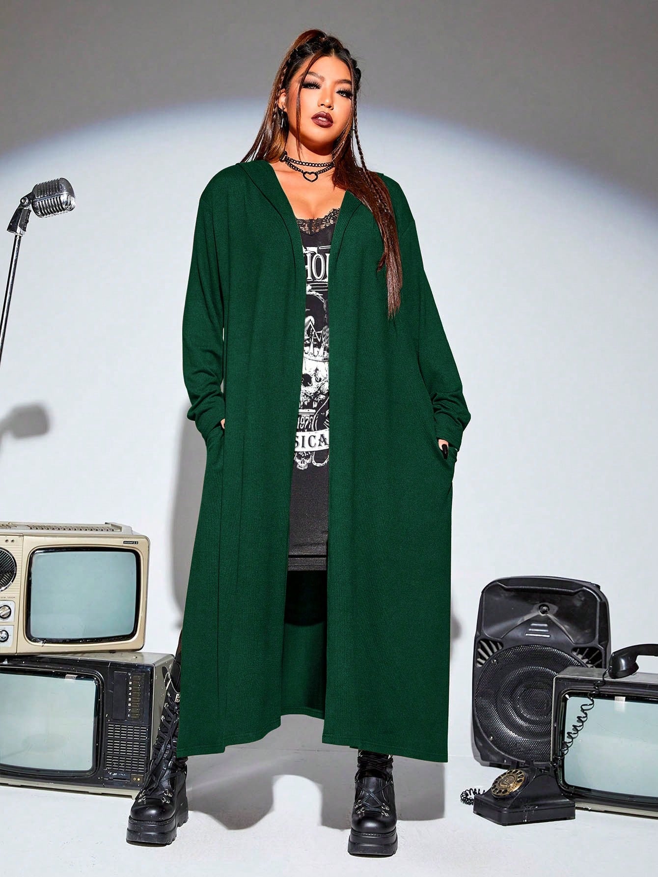 PUNK Plus Solid Open Front Hooded Coat