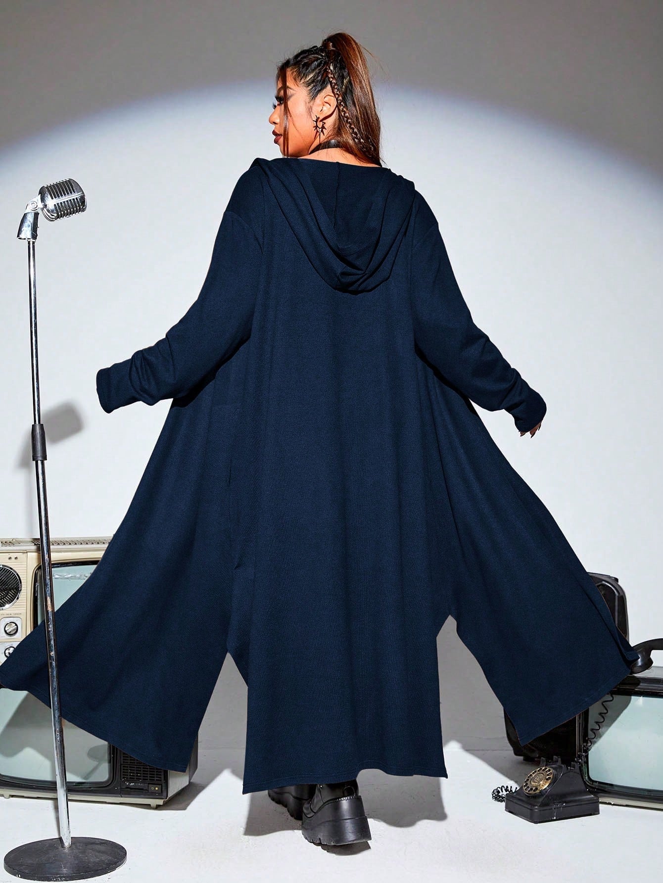 PUNK Plus Solid Open Front Hooded Coat