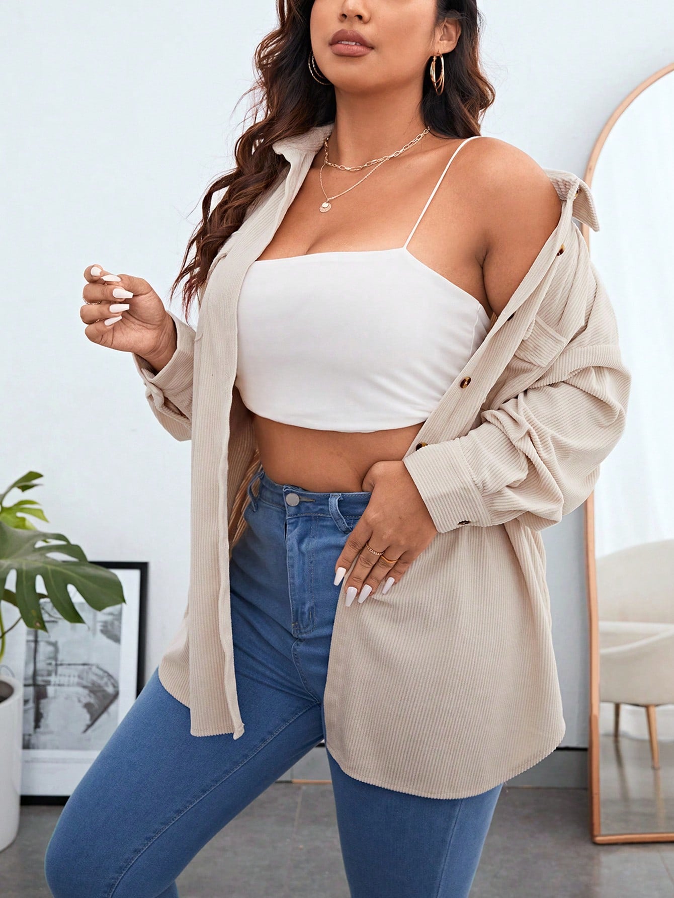 Essnce Plus Flap Pocket Drop Shoulder Corduroy Coat