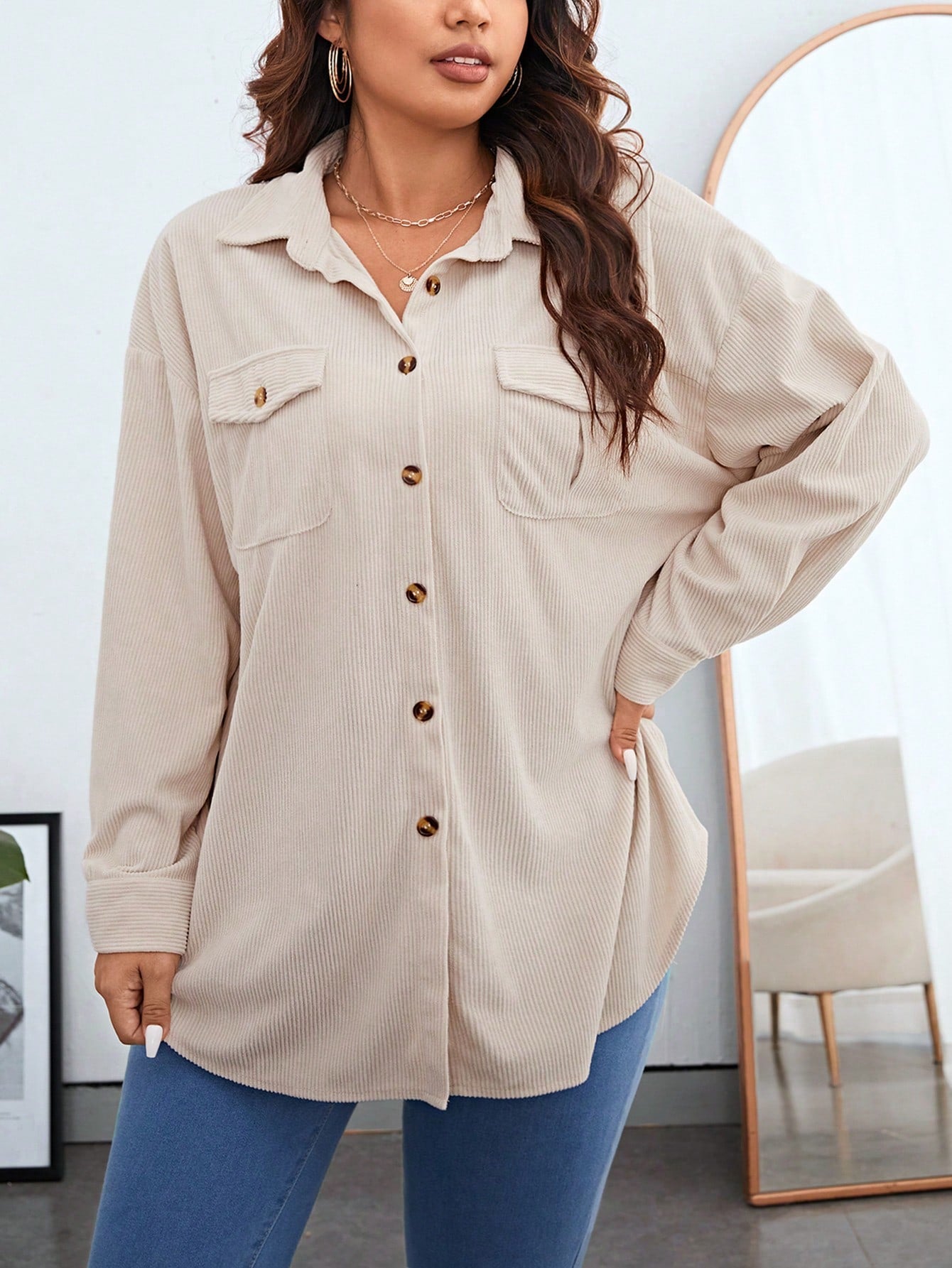 Essnce Plus Flap Pocket Drop Shoulder Corduroy Coat
