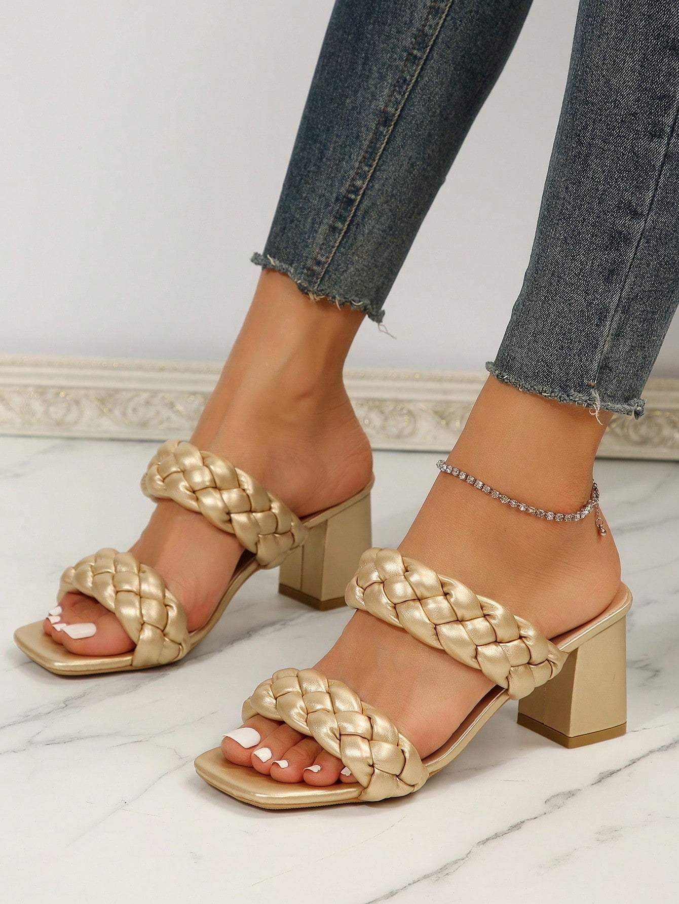 Vacation Apricot Sandals For Women, Braided Detail Chunky Heeled Mule Sandals