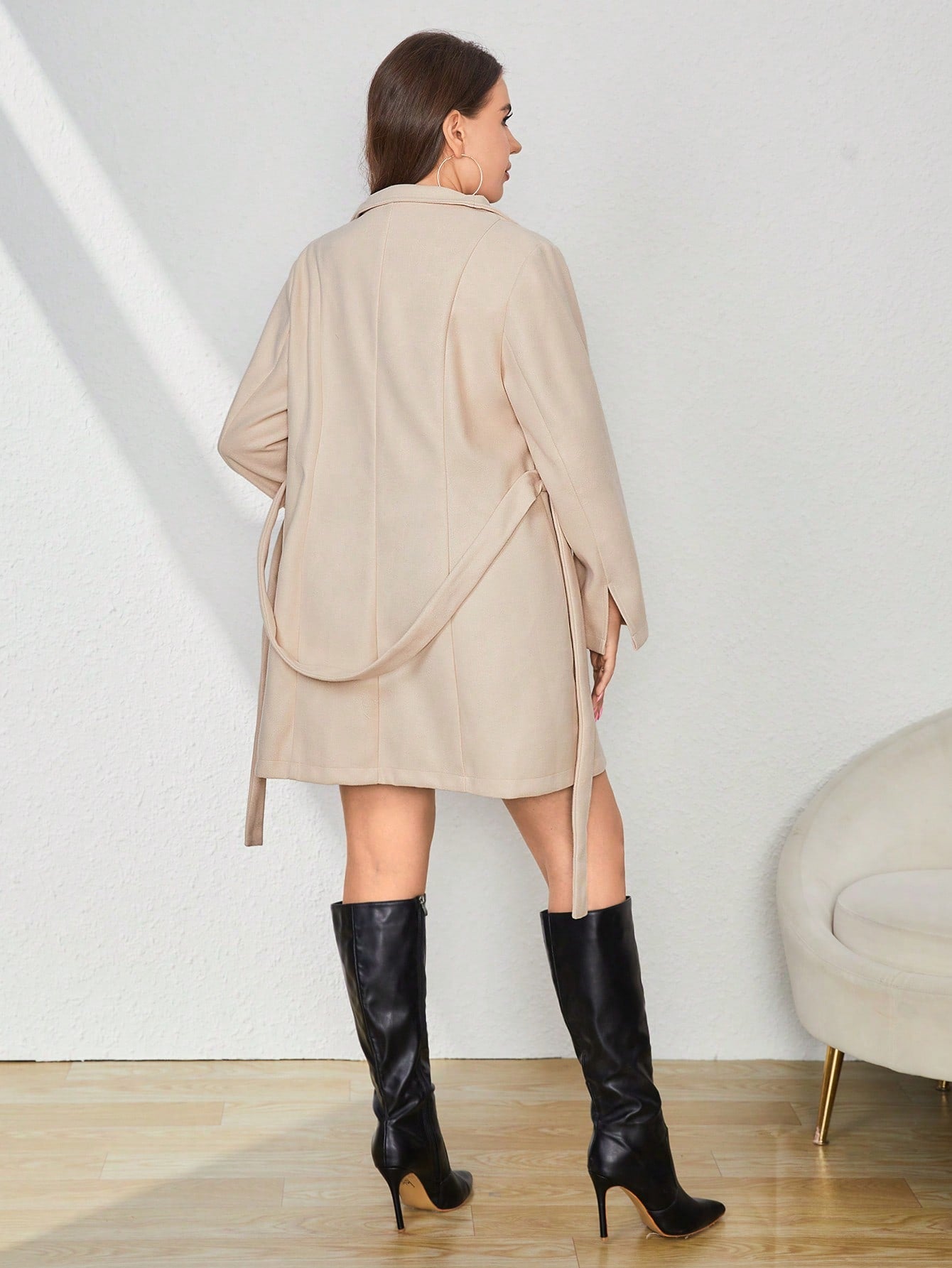 Essnce Plus Solid Single Breasted Belted Overcoat