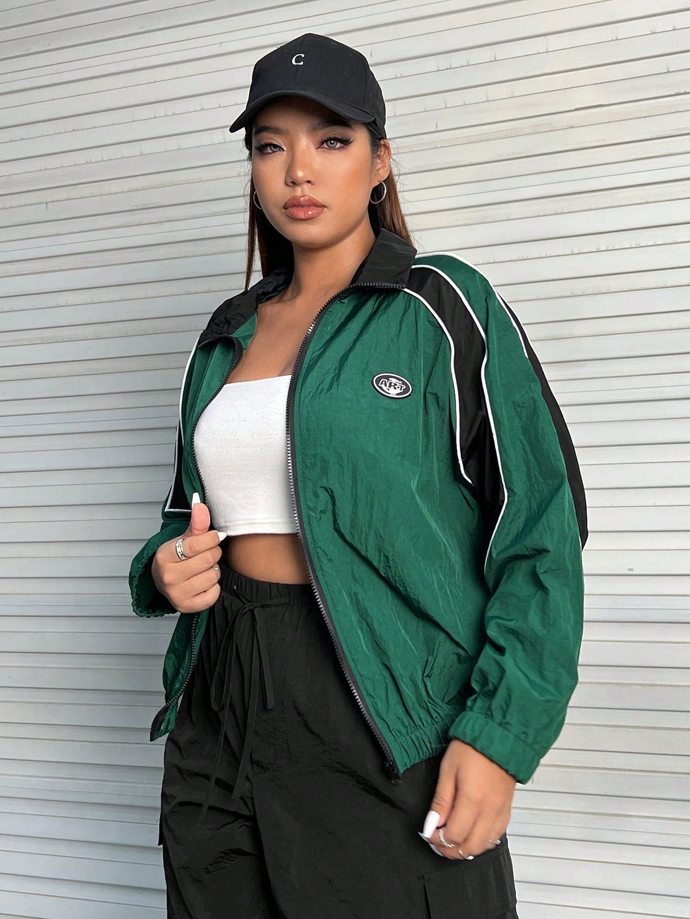 EZwear Plus Colorblock Letter Patched Contrast Piping Jacket