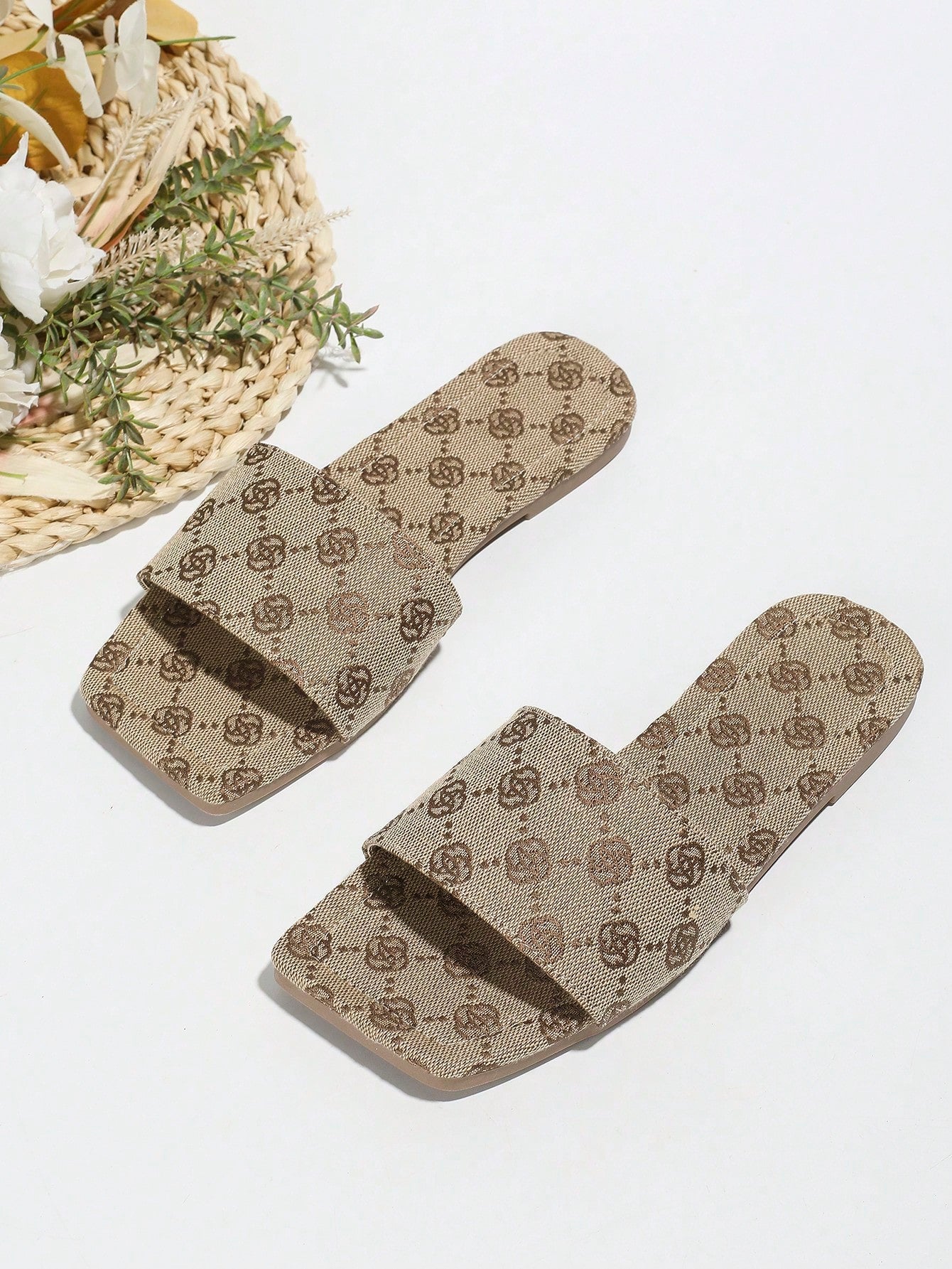 Women's Denim Flat Square Toe Slide Sandals