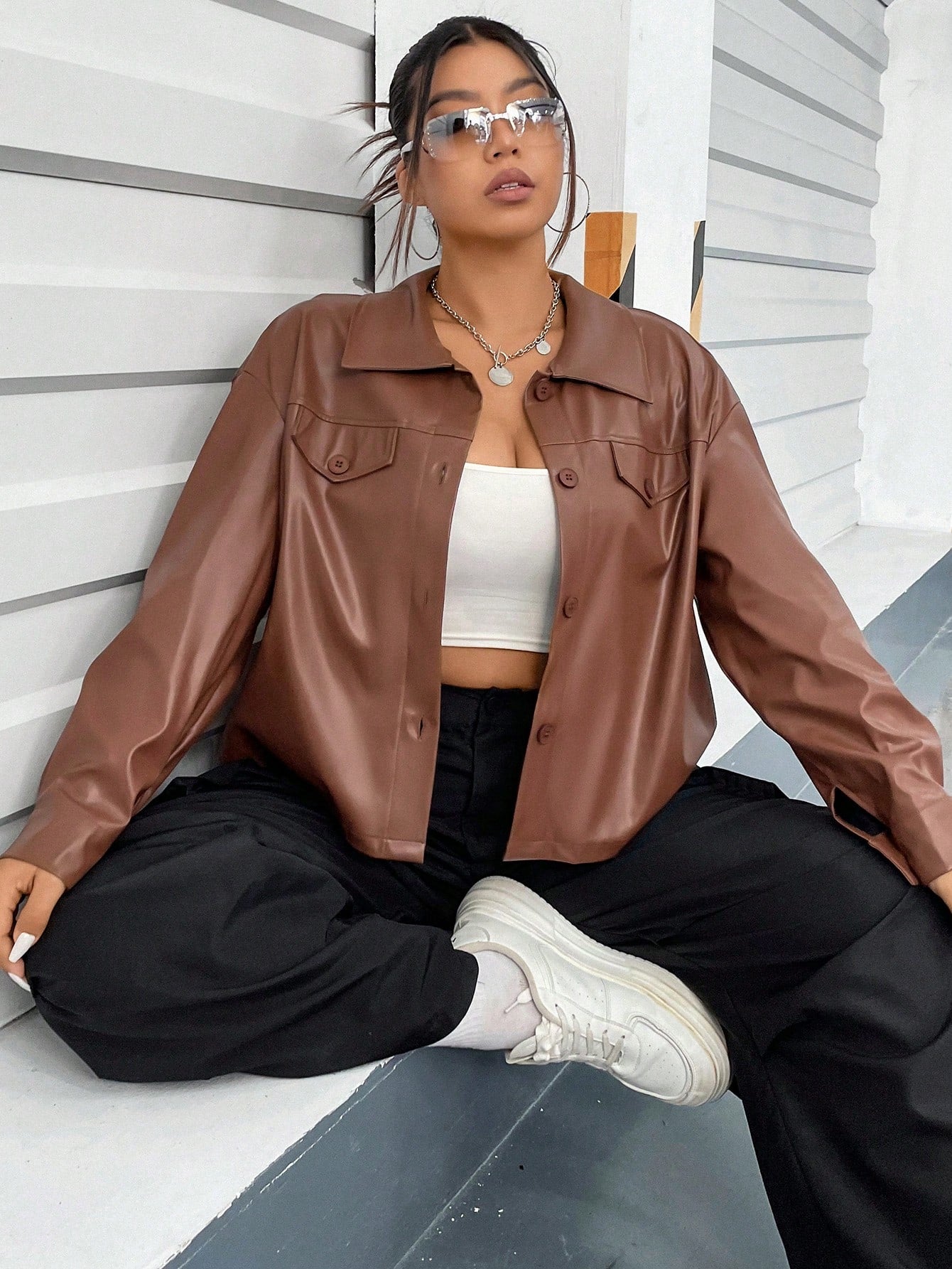 Plus Drop Shoulder PU Leather Jacket