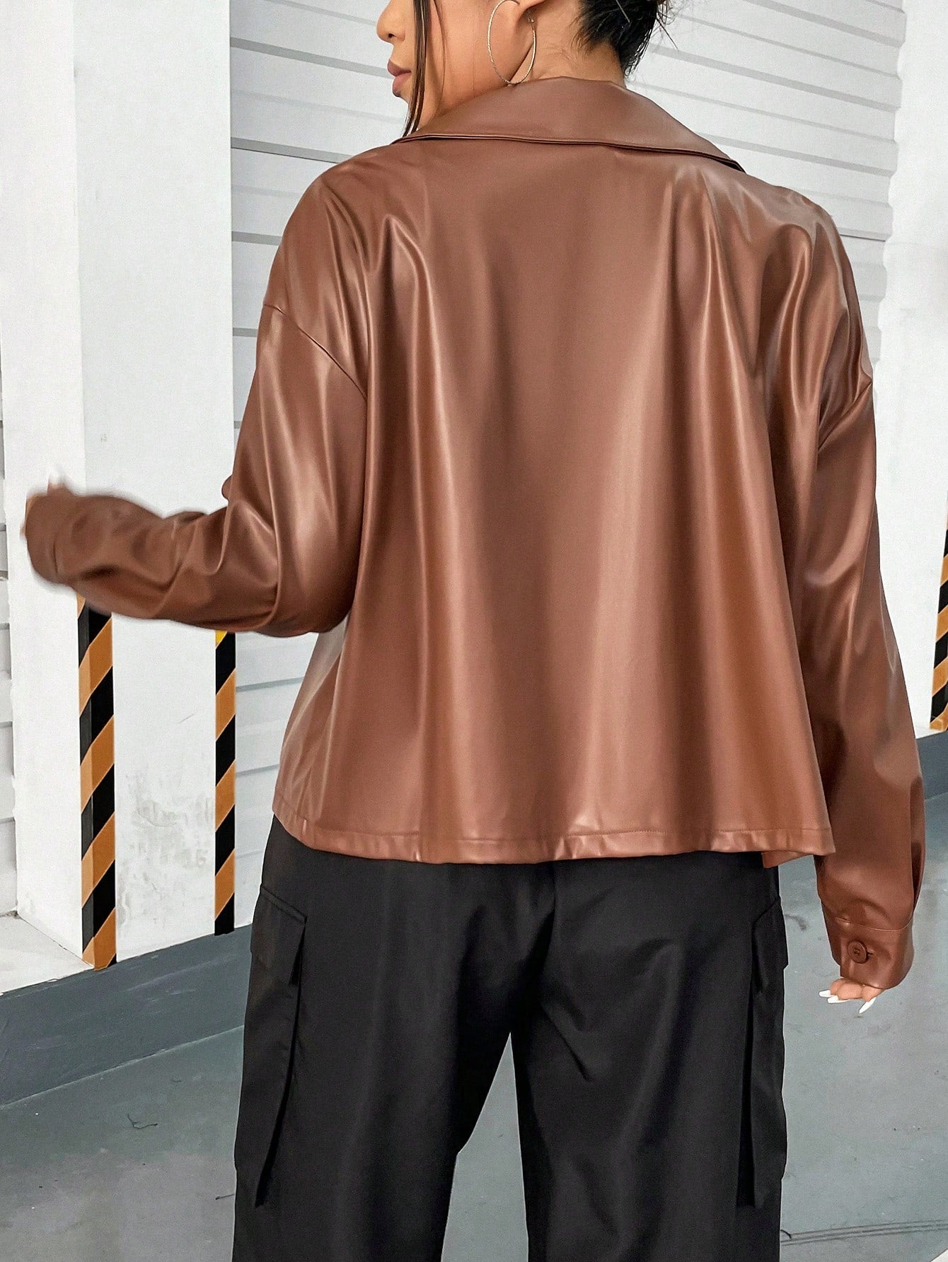 Plus Drop Shoulder PU Leather Jacket